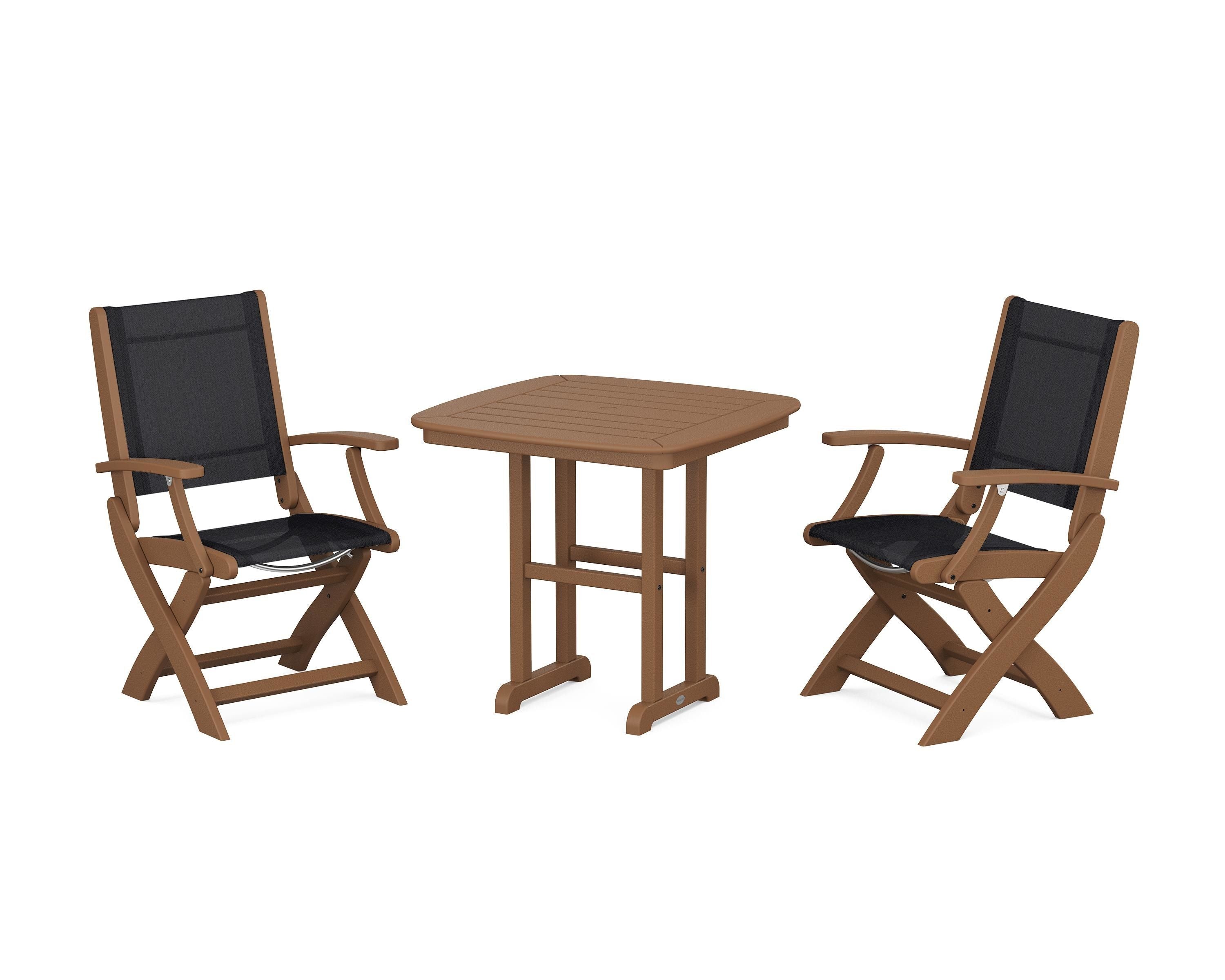 POLYWOOD Coastal Folding Chair 3-Piece Dining Set in Teak / Black Sling