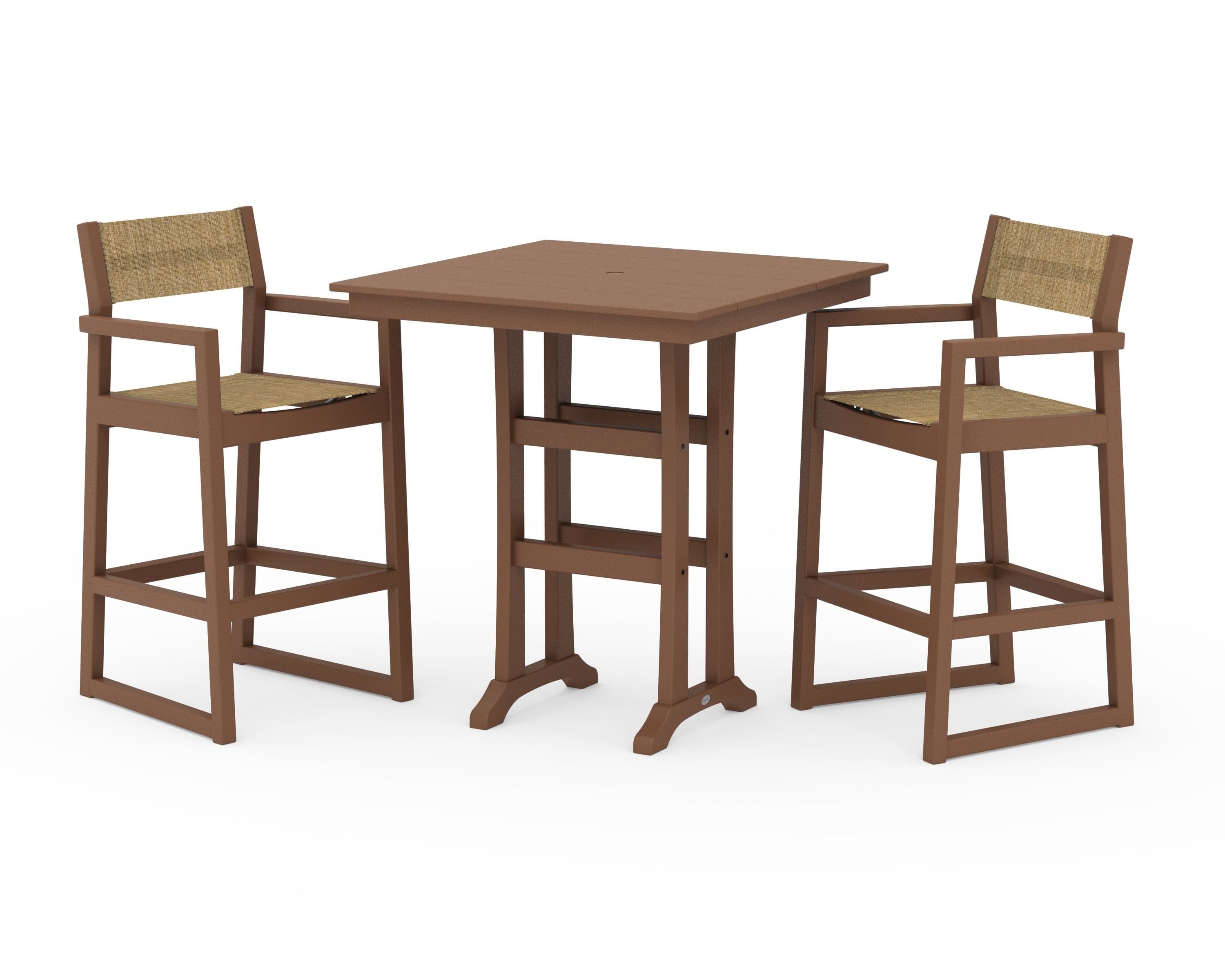 POLYWOOD EDGE Sling Arm Chair 3-Piece Farmhouse Bar Set with Trestle Legs in Teak / Burlap Sling