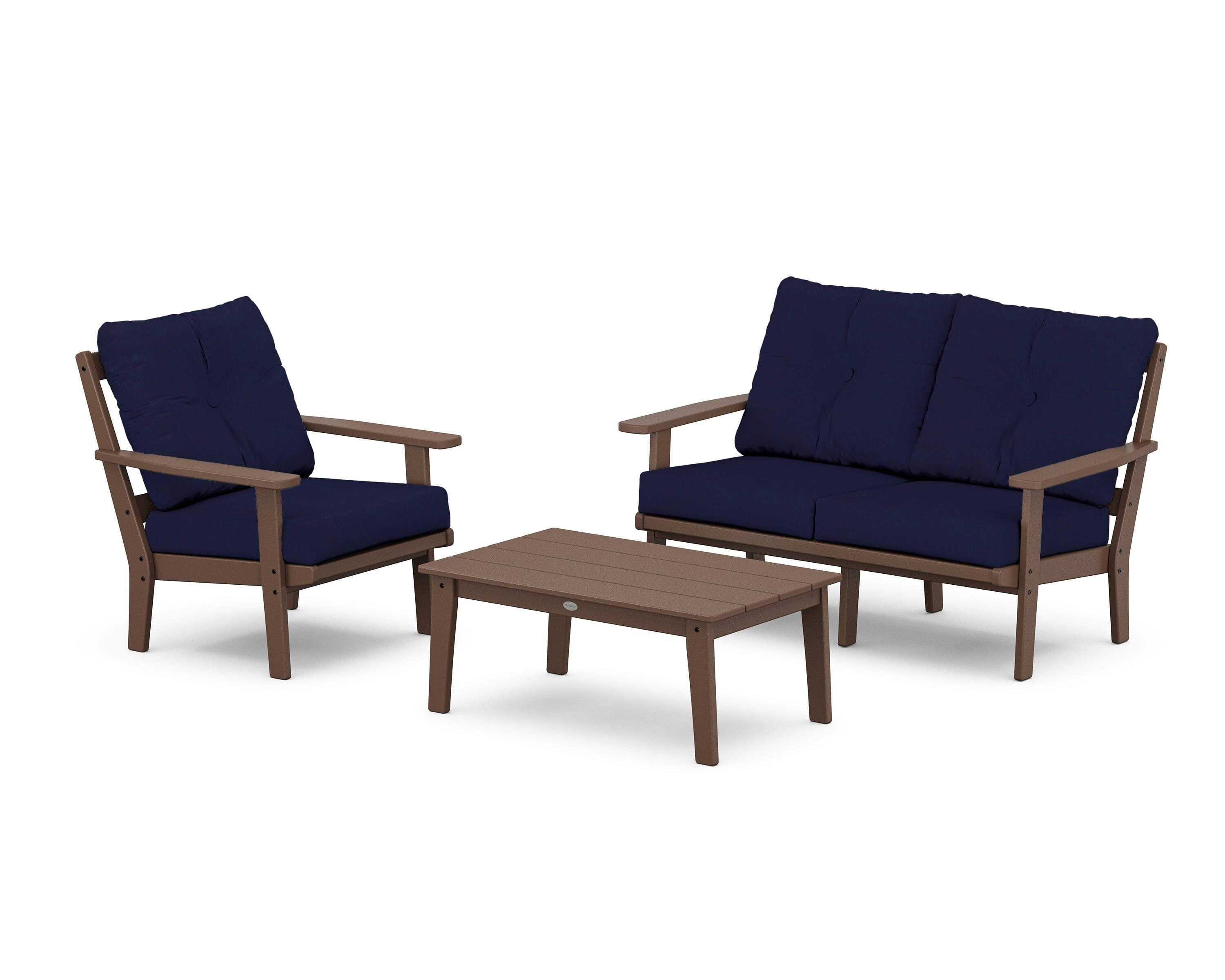 POLYWOOD Oxford 3-Piece Deep Seating Set with Loveseat in Mahogany / Navy