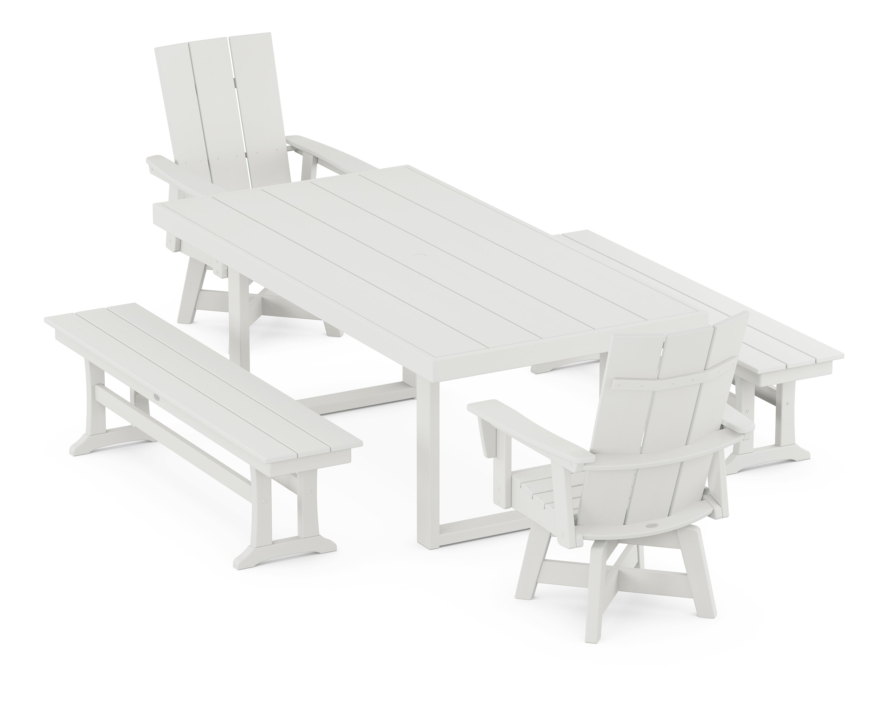 POLYWOOD Modern Adirondack Swivel Chair 5-Piece Dining Set with Benches in Vintage White