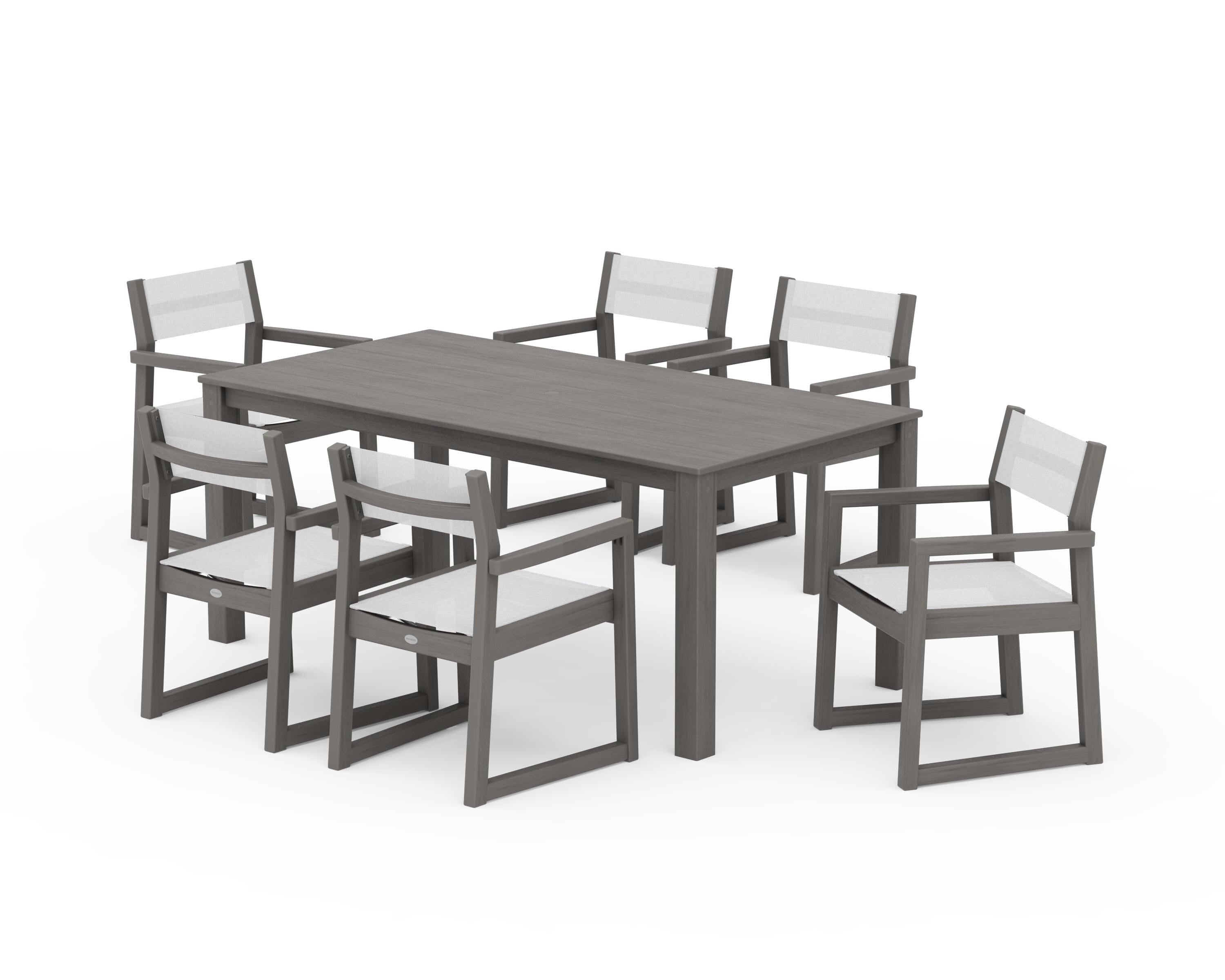 POLYWOOD EDGE Sling Arm Chair 7-Piece Parsons Dining Set in Driftwood / White Sling