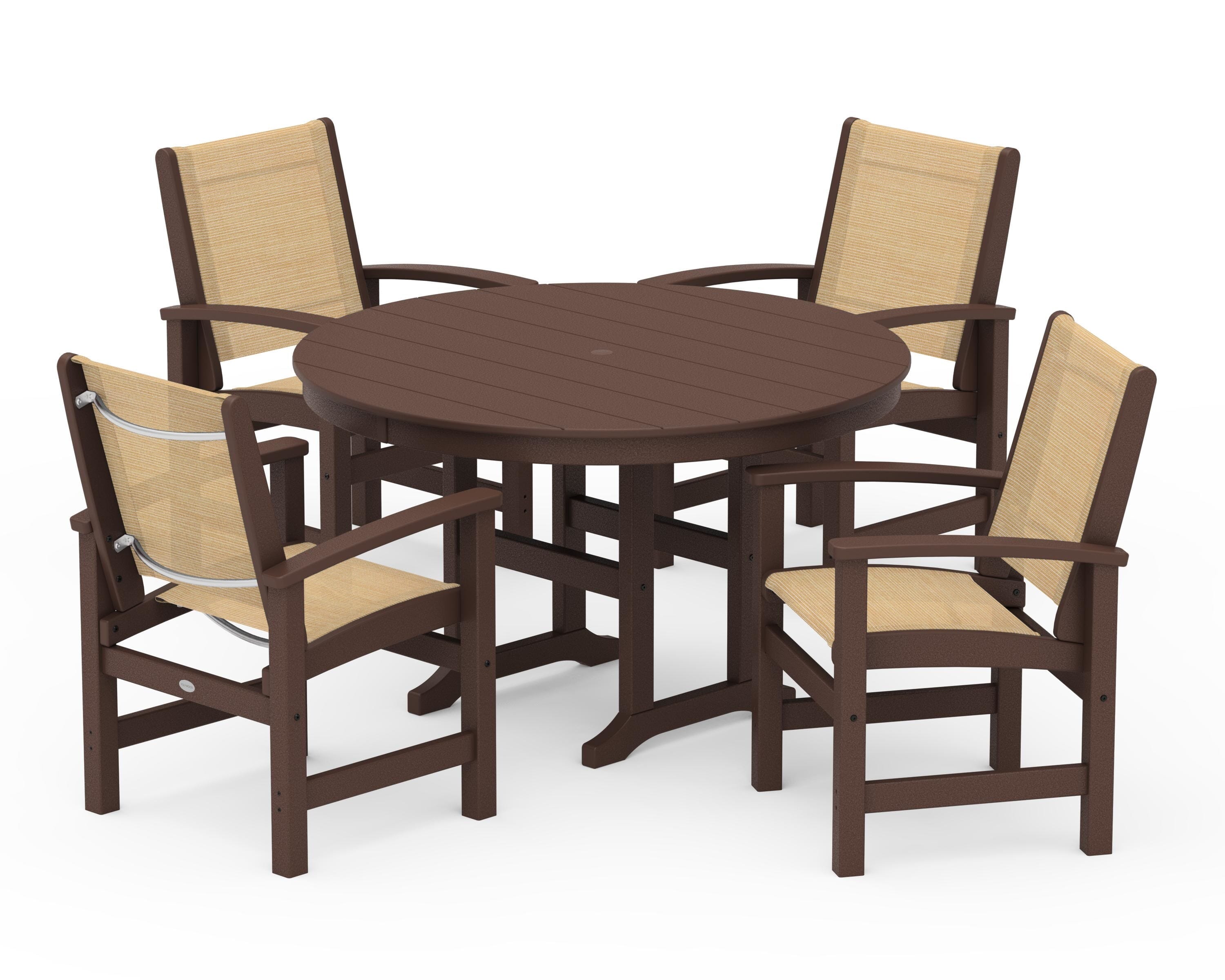 POLYWOOD Coastal 5-Piece Round Farmhouse Dining Set in Mahogany / Dupioni Apricot Sling