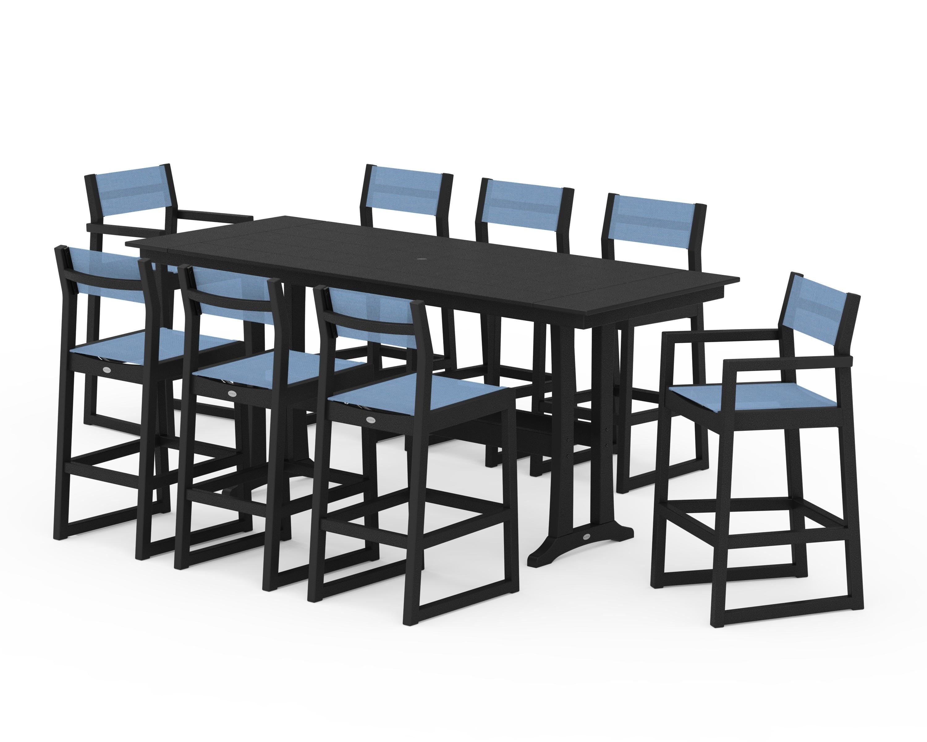 POLYWOOD EDGE Sling 9-Piece Farmhouse Bar Set with Trestle Legs in Black / Poolside Sling