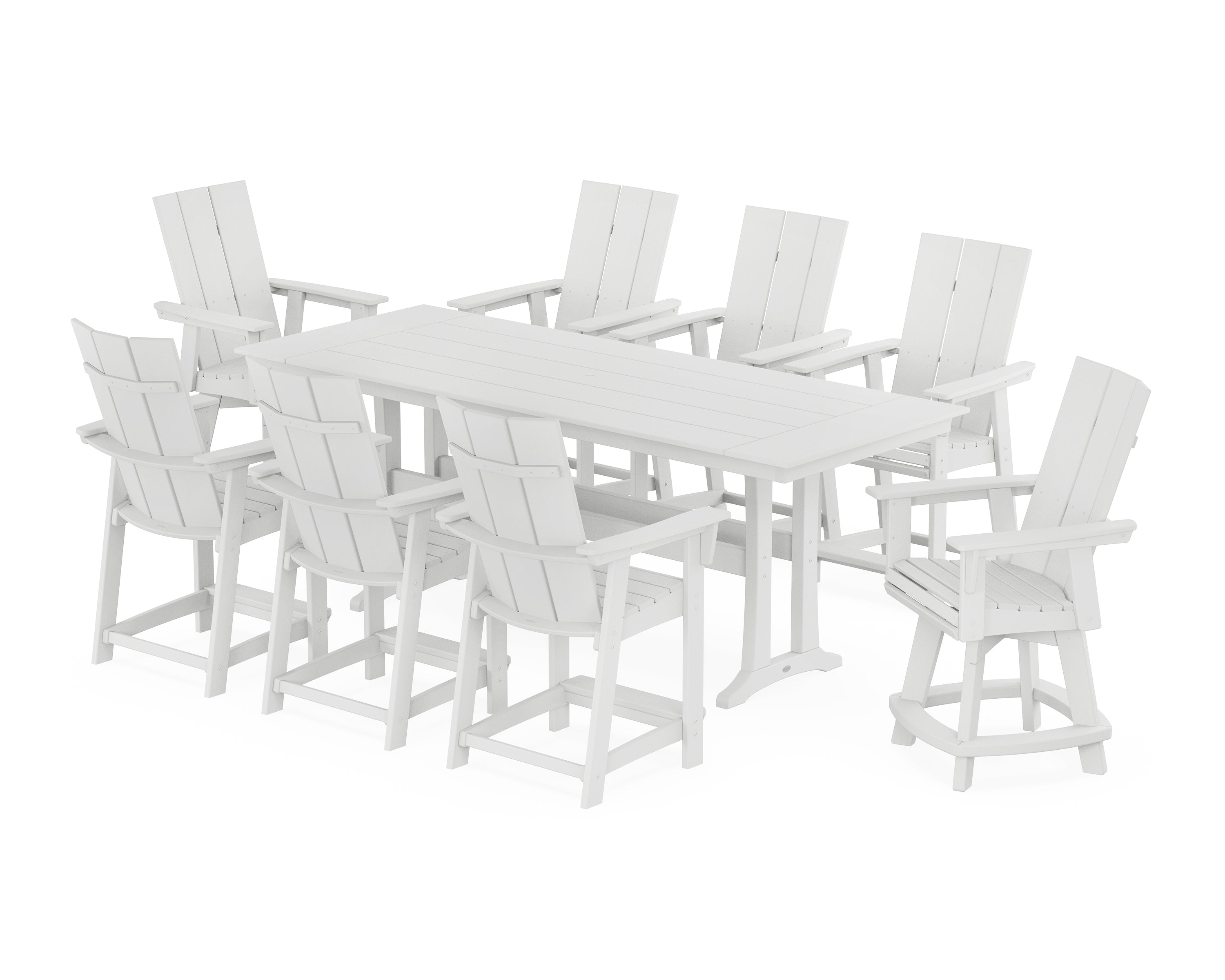 POLYWOOD® Modern Curveback Adirondack Swivel 9-Piece Farmhouse Counter Set with Trestle Legs in White