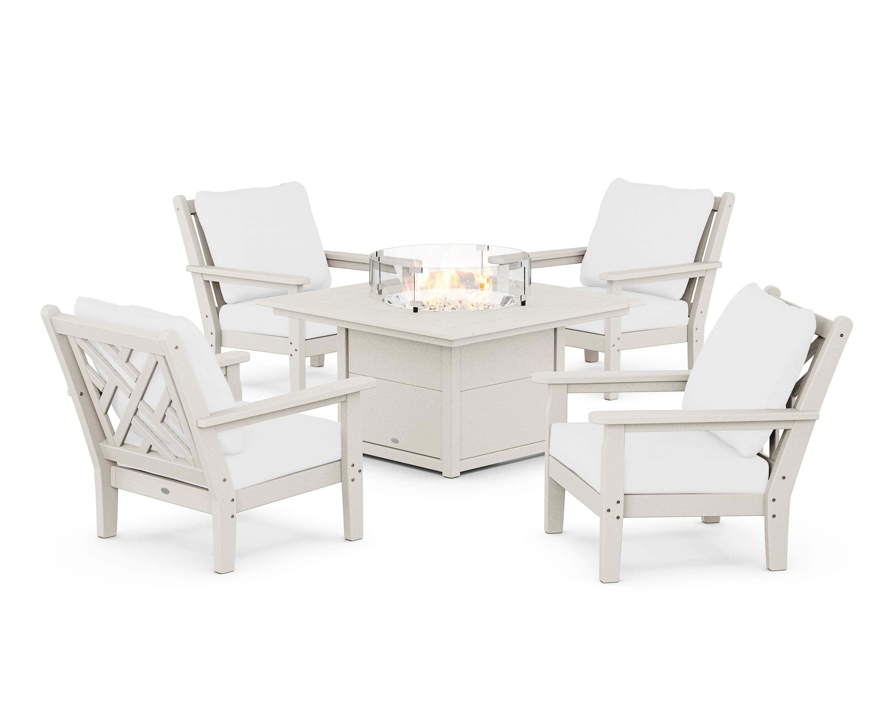 POLYWOOD Chippendale 5-Piece Deep Seating Set with Fire Pit Table in Sand / Natural