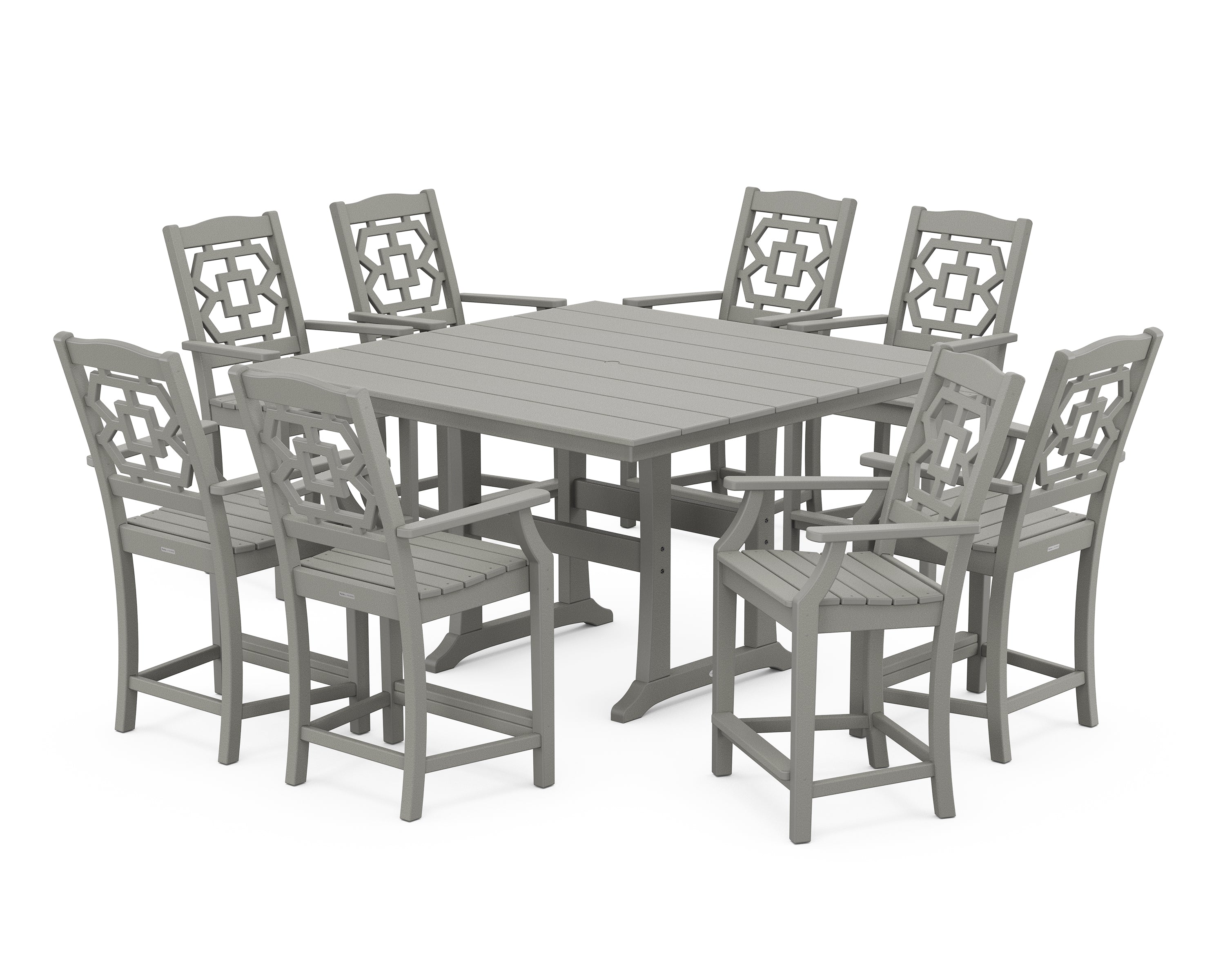 Martha Stewart by POLYWOOD® Chinoiserie 9-Piece Square Farmhouse Counter Set with Trestle Legs in Slate Grey