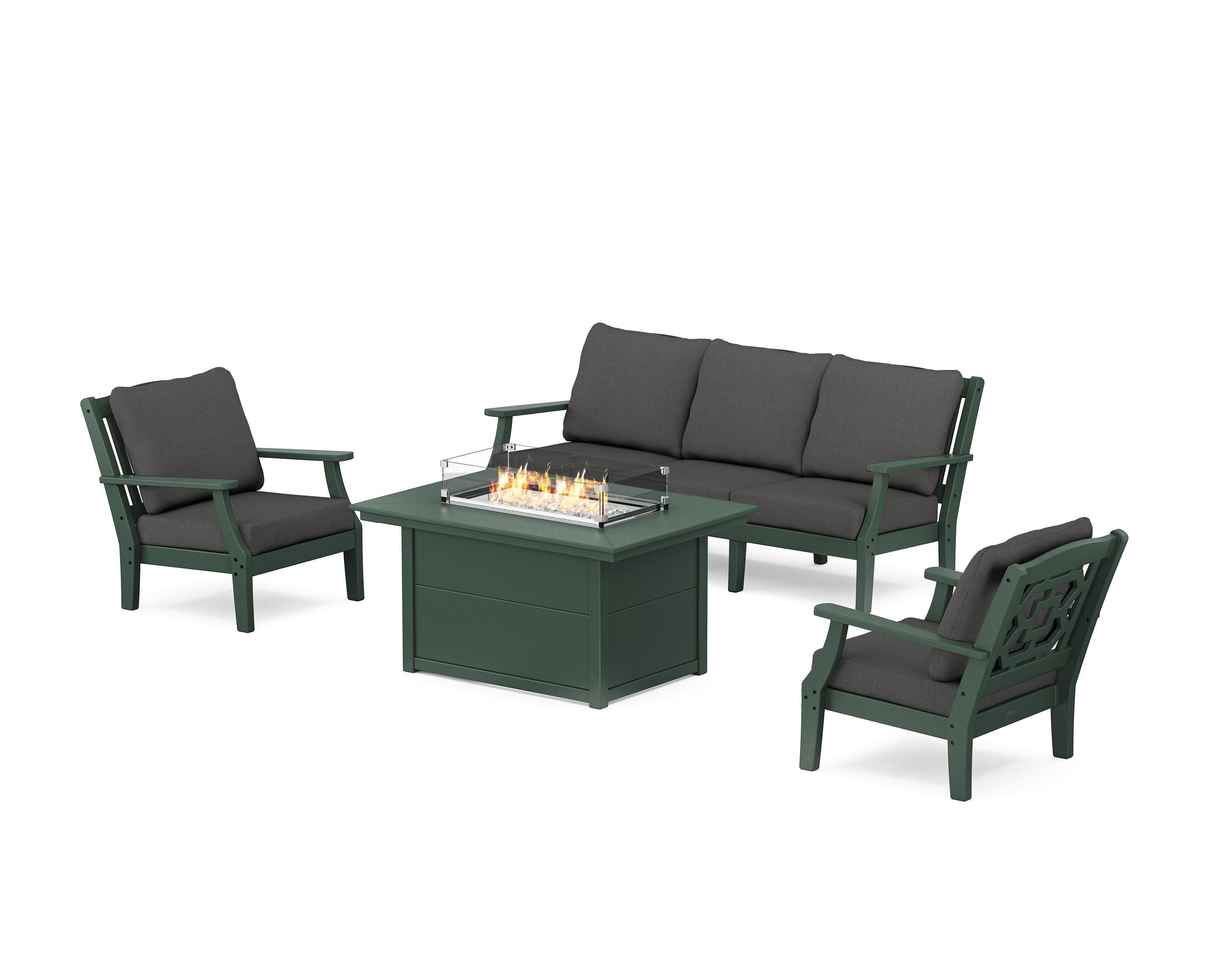Martha Stewart by POLYWOOD Chinoiserie Deep Seating Fire Pit Table Set in Green / Spectrum Carbon