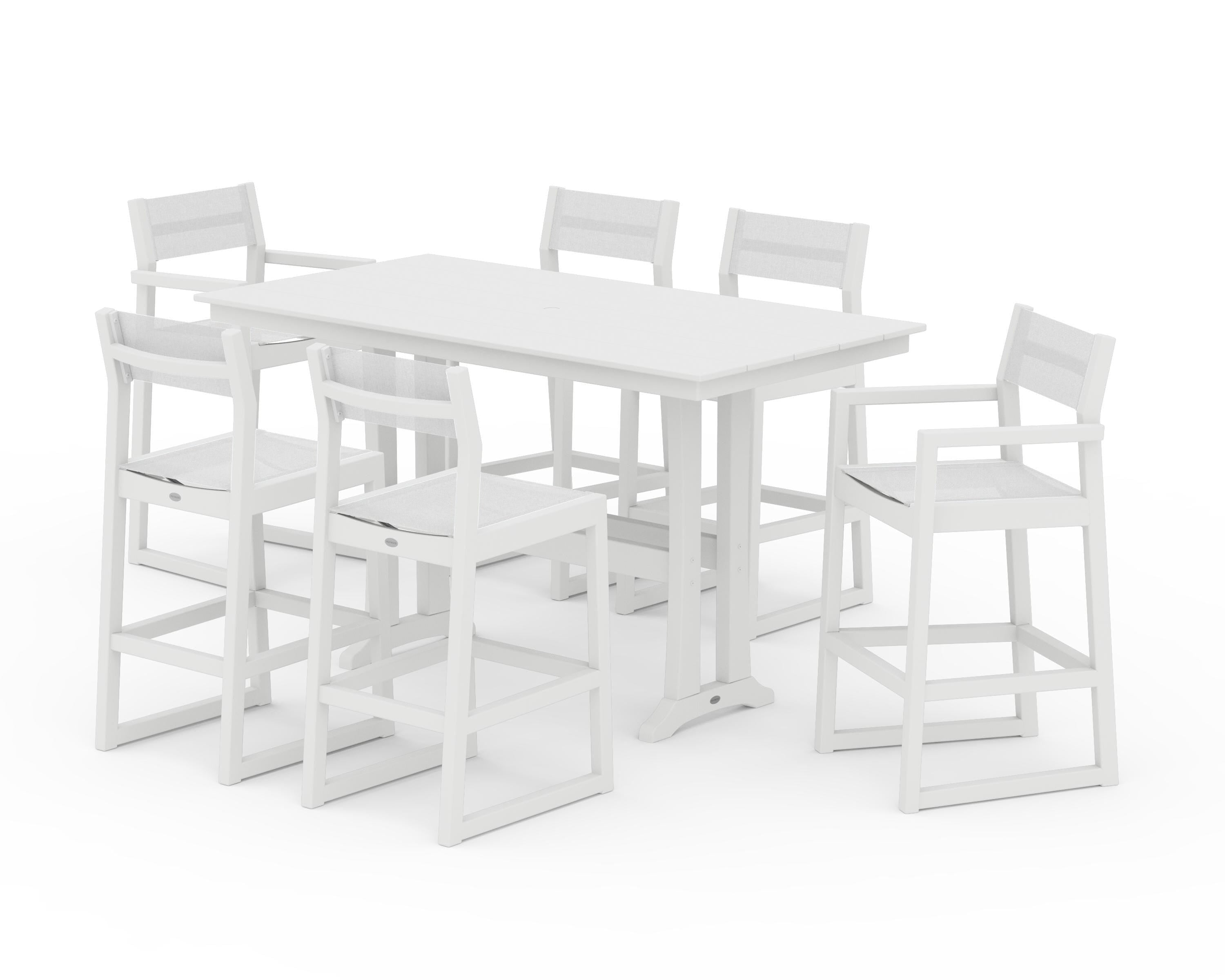 POLYWOOD EDGE Sling 7-Piece Farmhouse Bar Set with Trestle Legs in White / White Sling