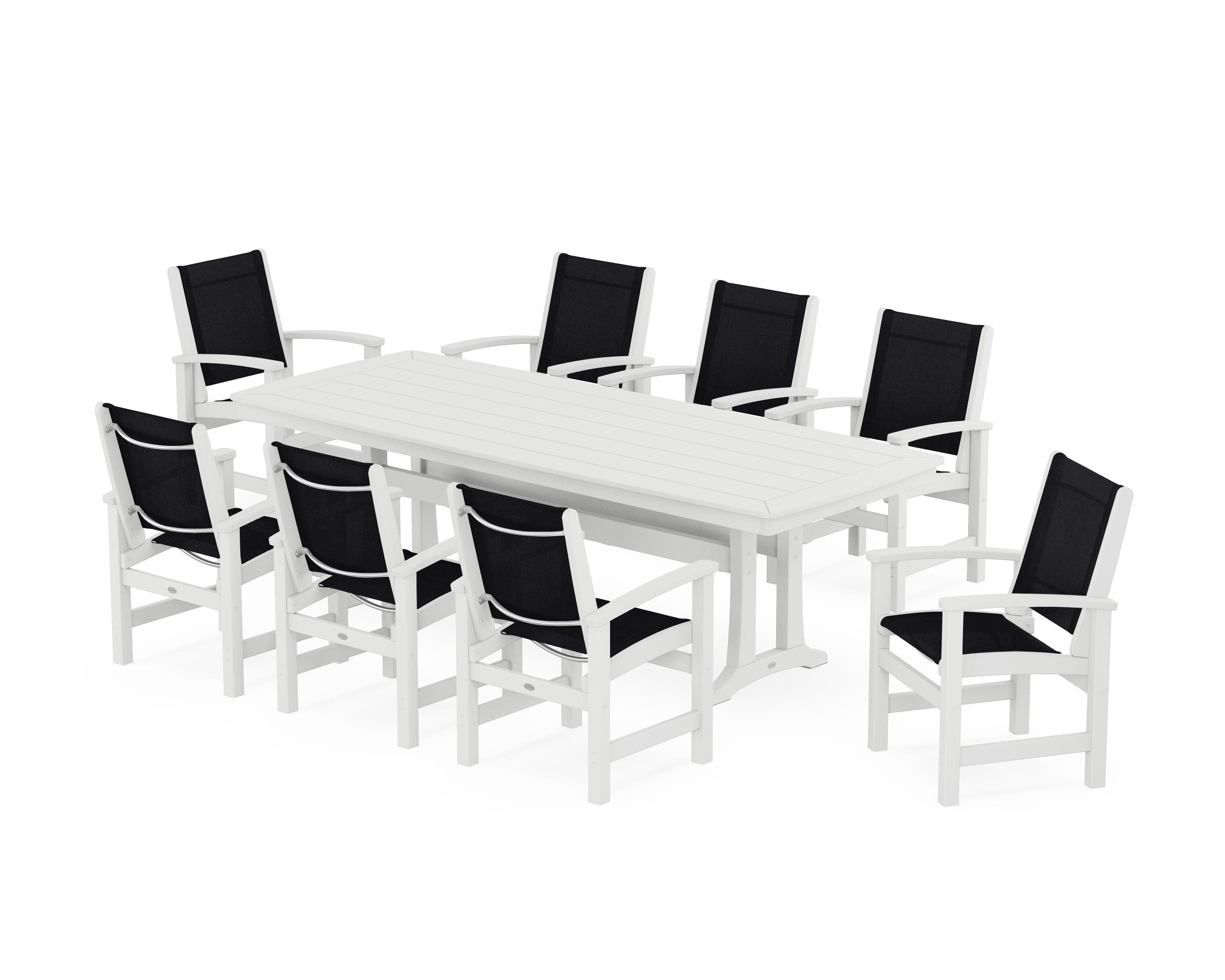 POLYWOOD Coastal 9-Piece Dining Set with Trestle Legs in White / Black Sling