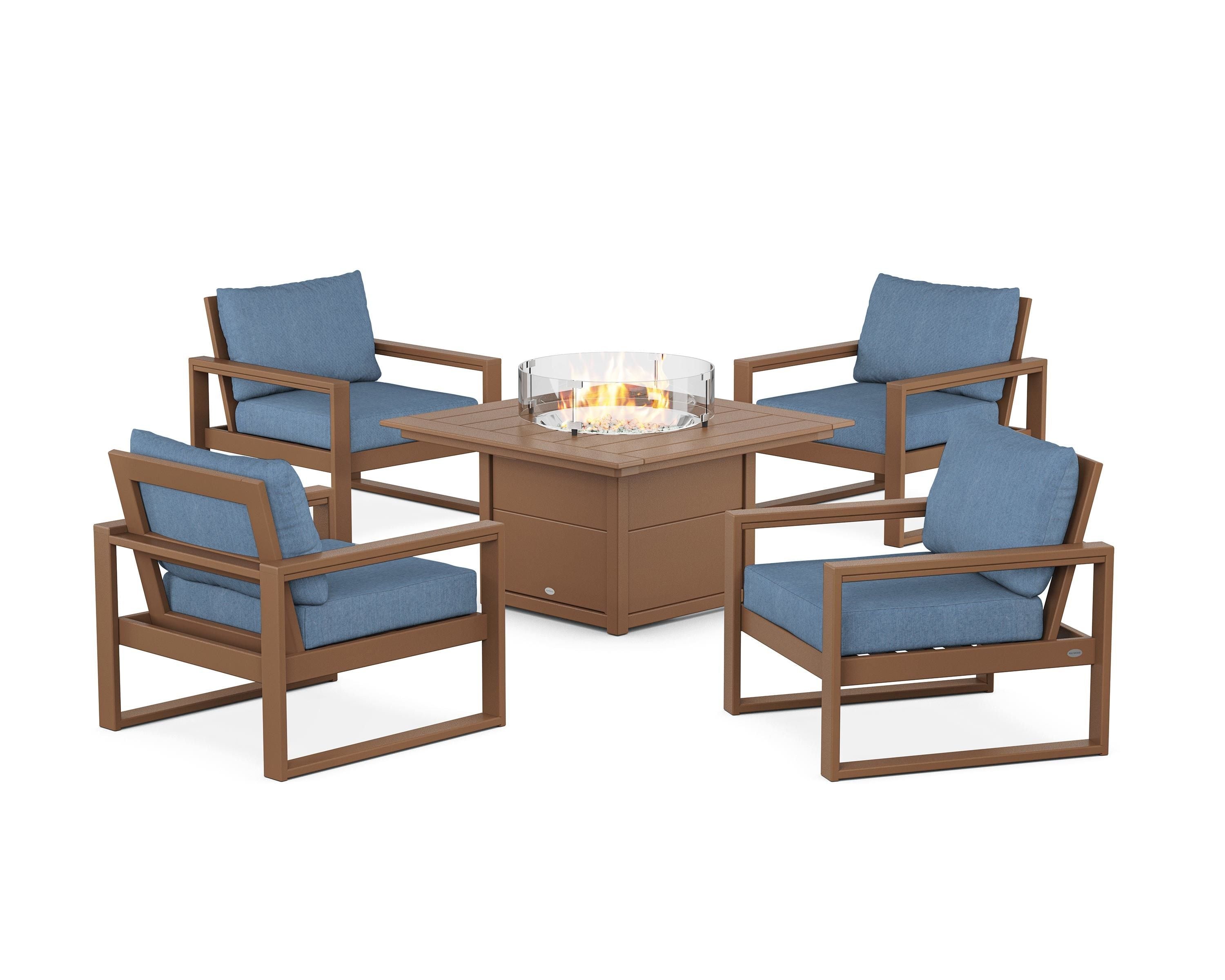 POLYWOOD EDGE Sectional 5-Piece Deep Seating Set with Fire Pit Table in Teak / Sky Blue