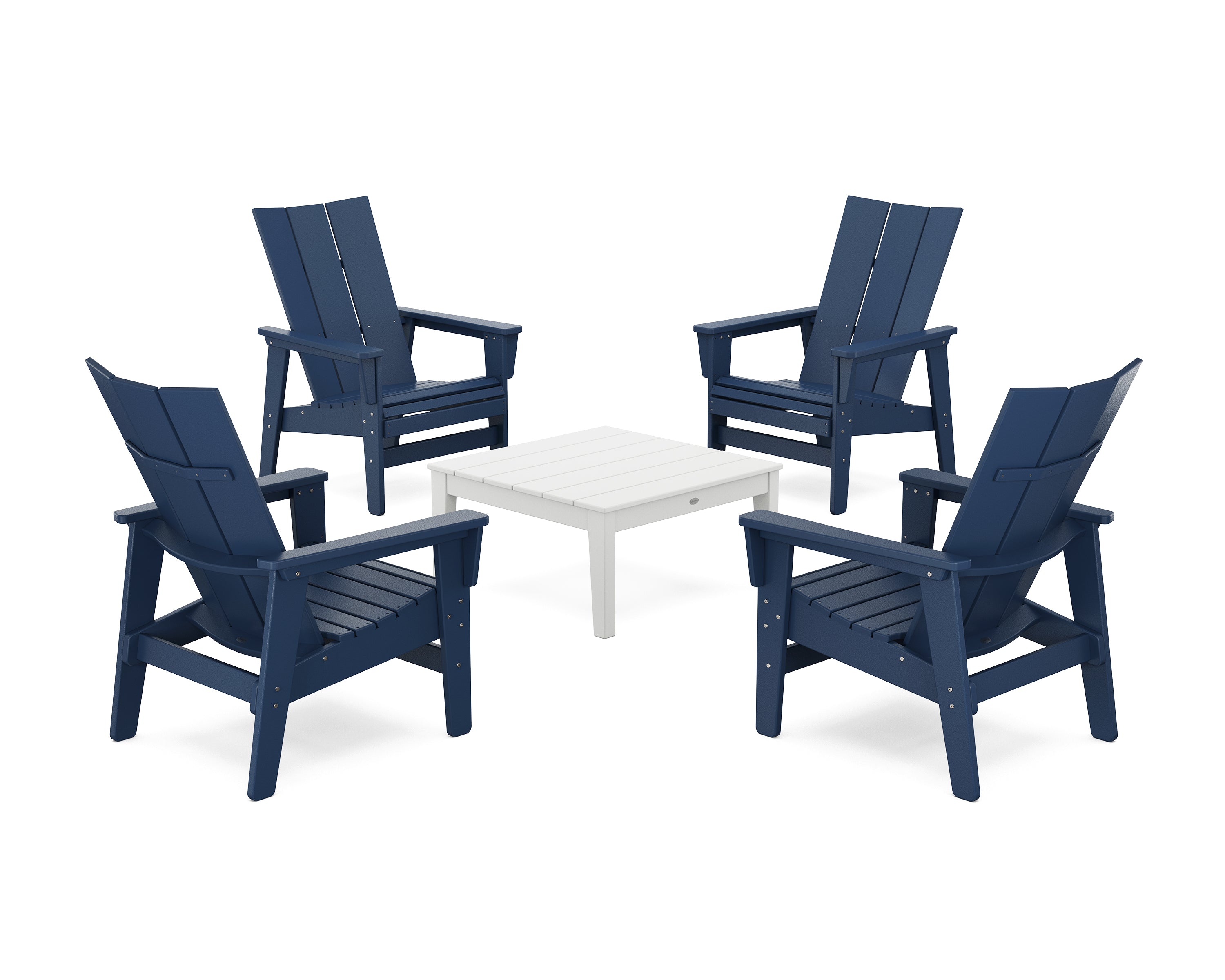 POLYWOOD 5-Piece Modern Grand Upright Adirondack Chair Conversation Group in Navy / White