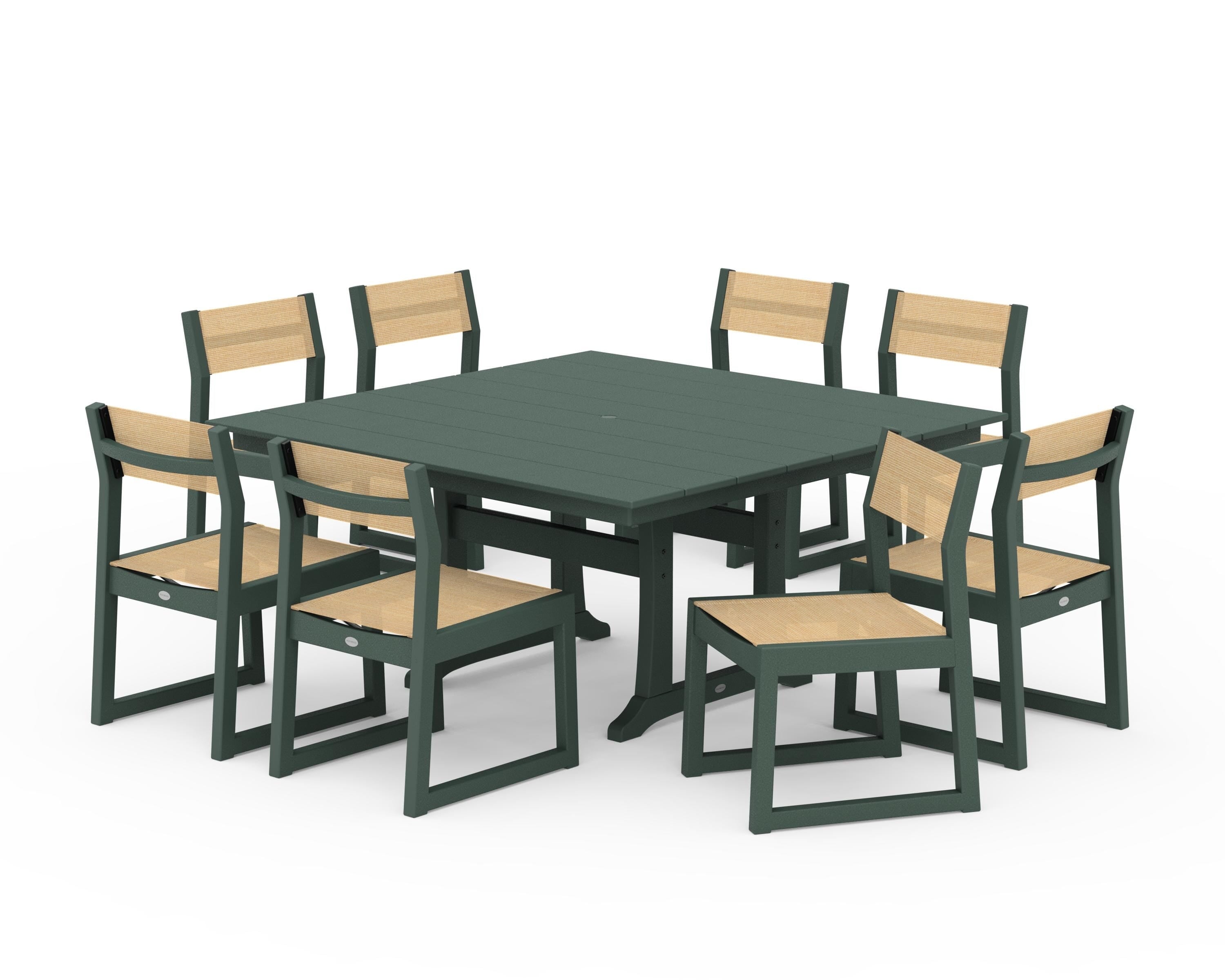 POLYWOOD EDGE Sling Side Chair 9-Piece Farmhouse Trestle Dining Set in Green / Dupioni Apricot Sling