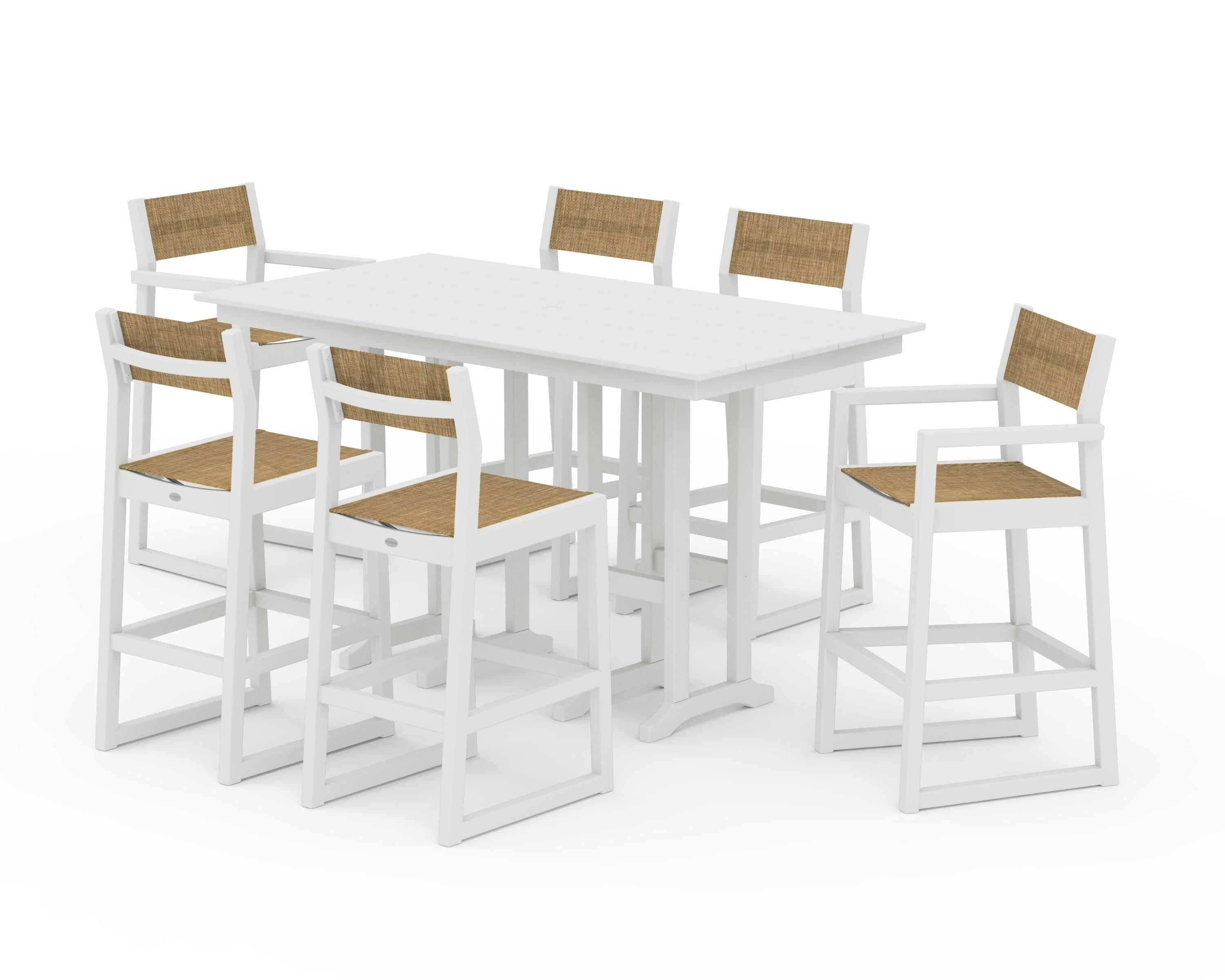 POLYWOOD EDGE Sling 7-Piece Farmhouse Bar Set in White / Burlap Sling