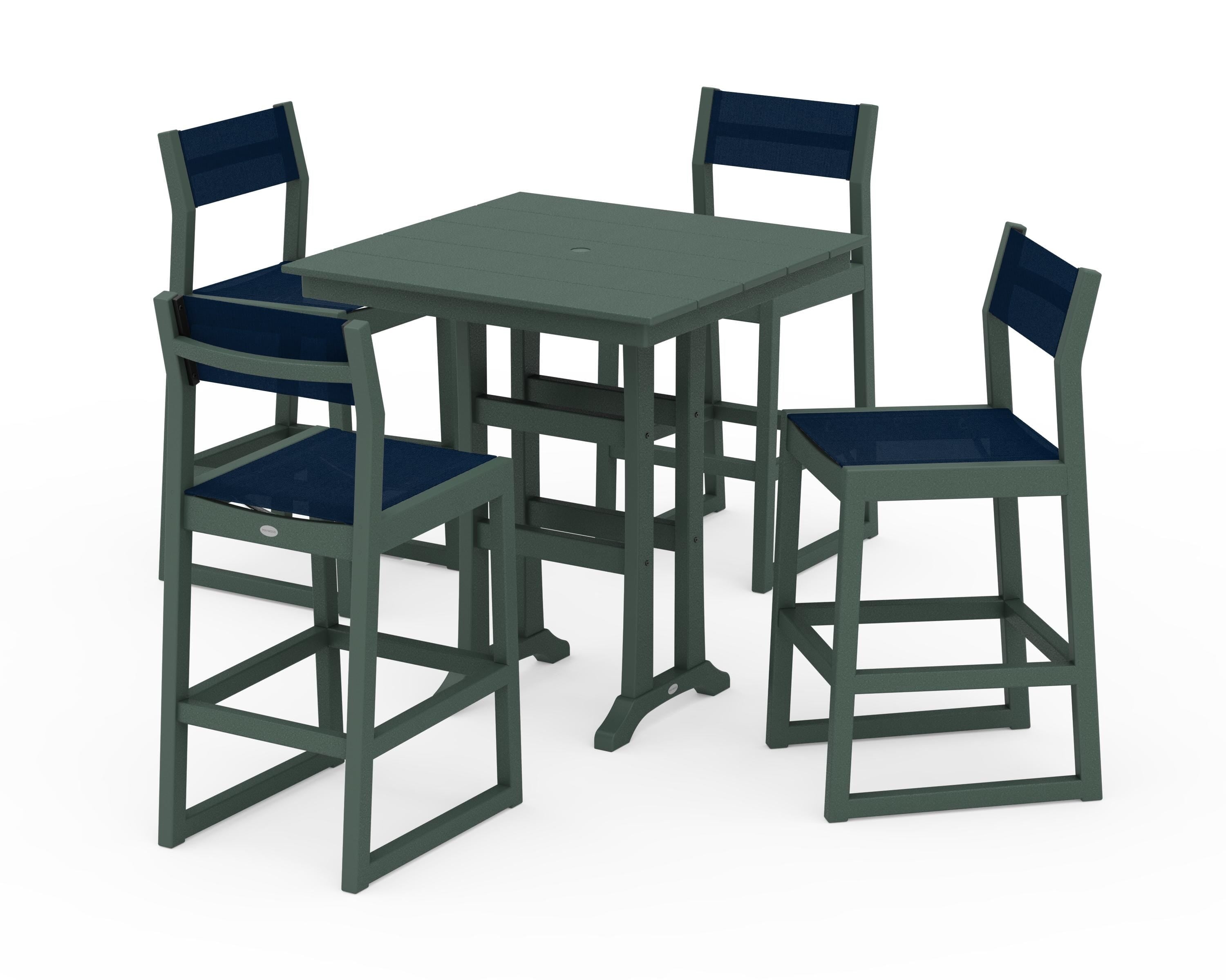 POLYWOOD EDGE Sling Arm Chair 5-Piece Farmhouse Bar Set with Trestle Legs in Green / Navy Blue Sling