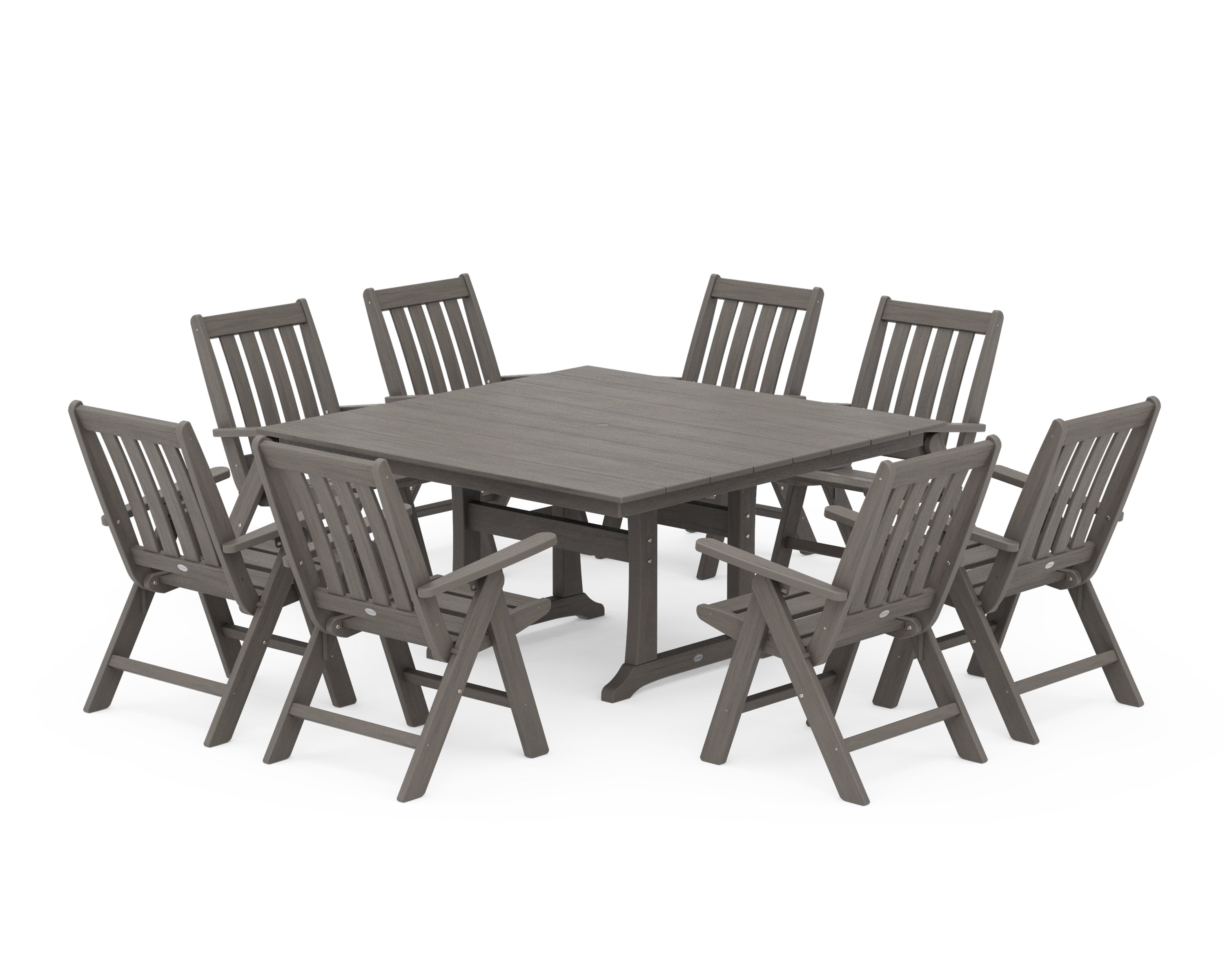 POLYWOOD Vineyard Folding Chair 9-Piece Square Farmhouse Dining Set with Trestle Legs in Driftwood
