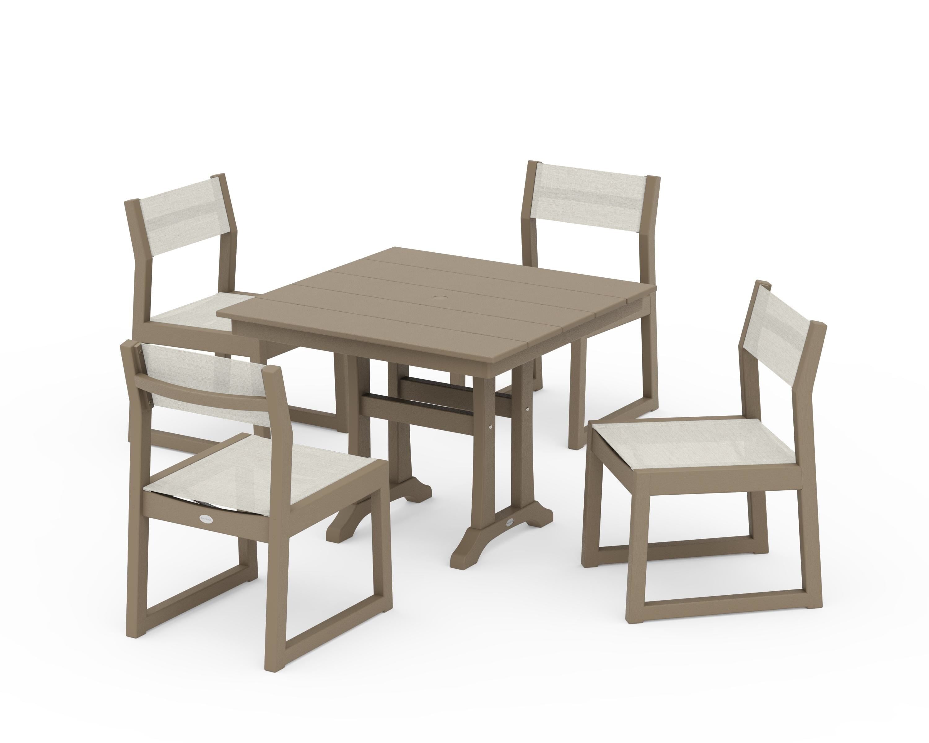 POLYWOOD EDGE Sling 5-Piece Farmhouse Trestle Side Chair Dining Set in Vintage Sahara / Parchment Sling