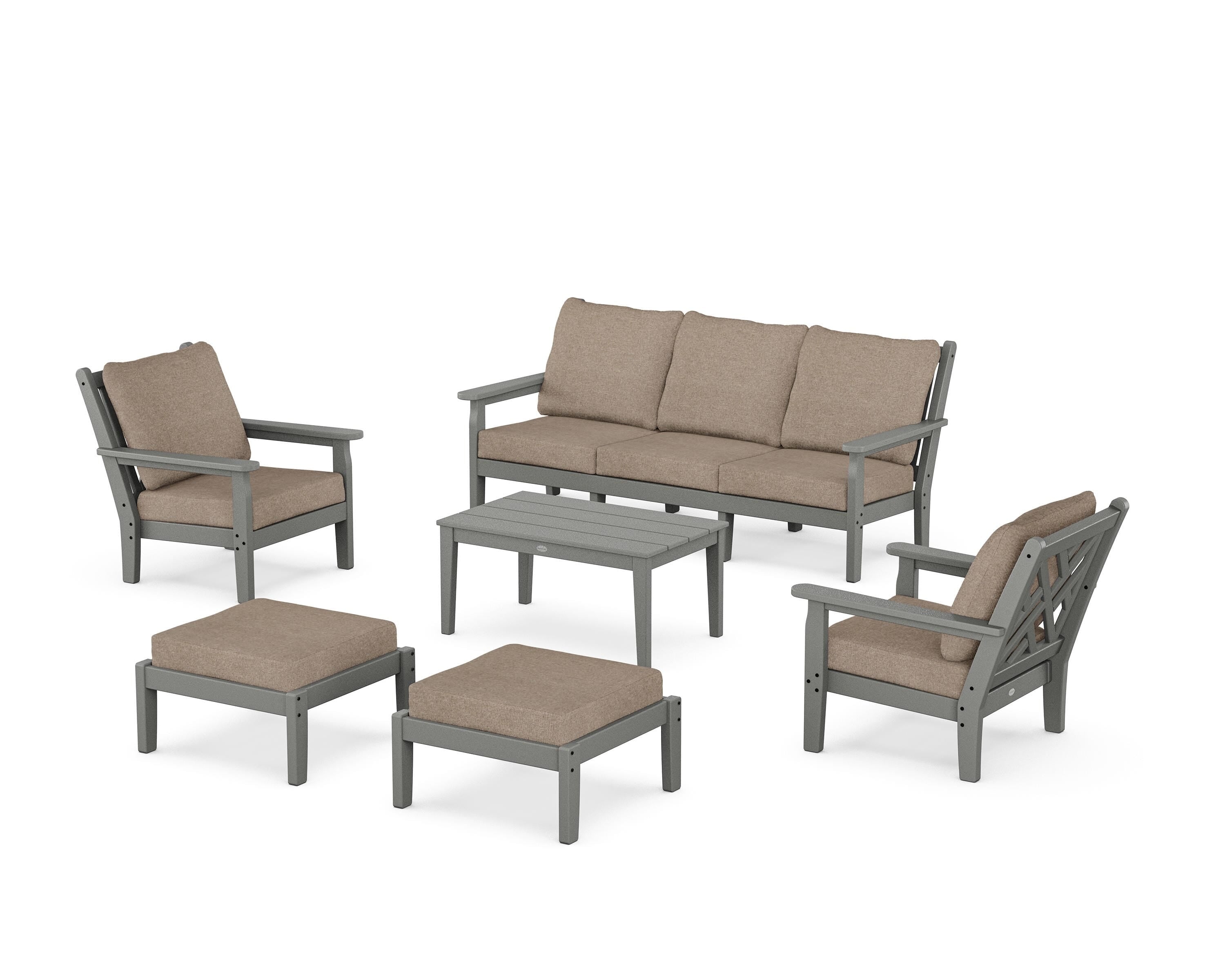 POLYWOOD Chippendale 6-Piece Lounge Sofa Set in Slate Grey / Spiced Burlap