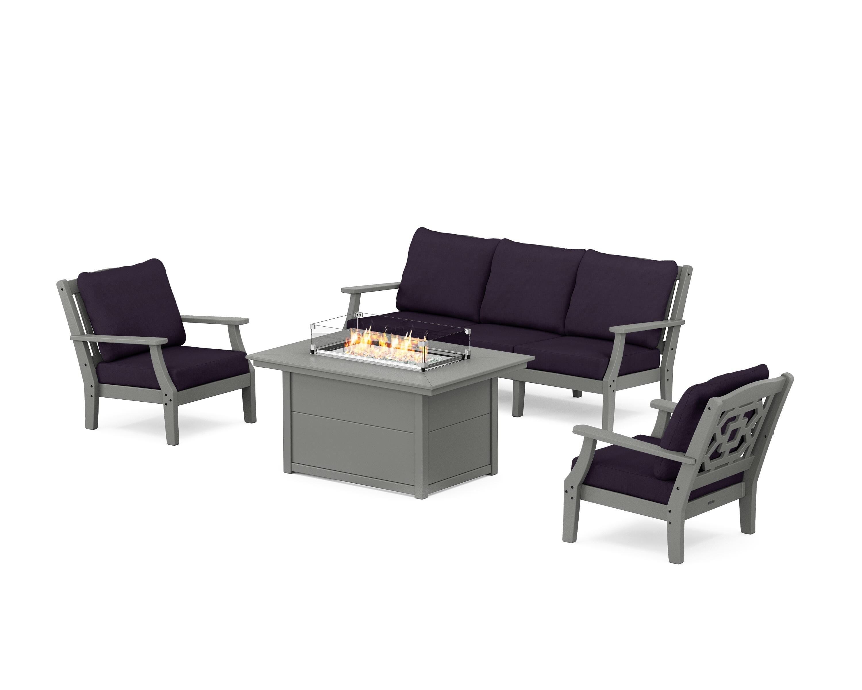 Martha Stewart by POLYWOOD Chinoiserie Deep Seating Fire Pit Table Set in Slate Grey / Navy Linen