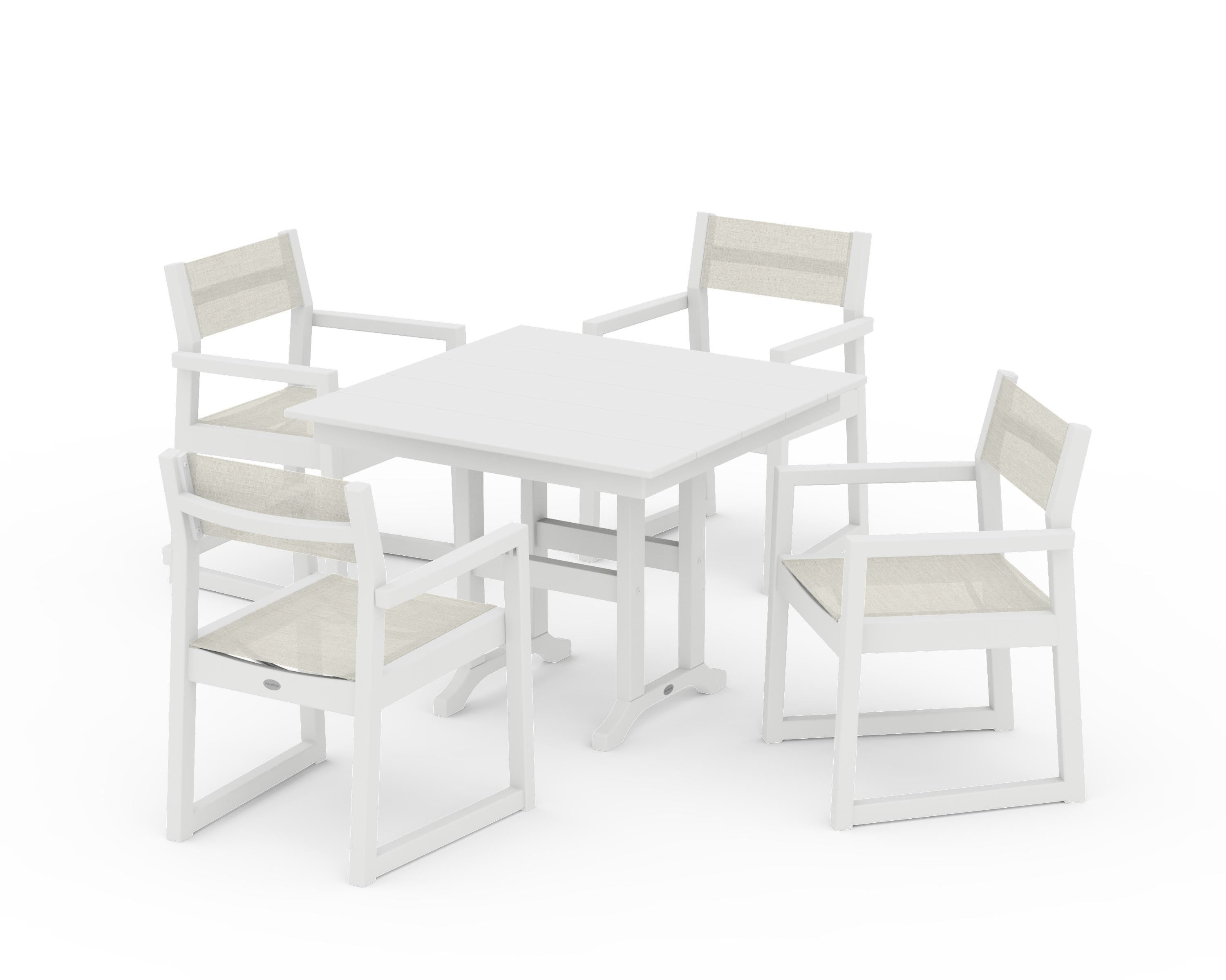 POLYWOOD EDGE Sling Arm Chair 5-Piece Farmhouse Dining Set in White / Parchment Sling