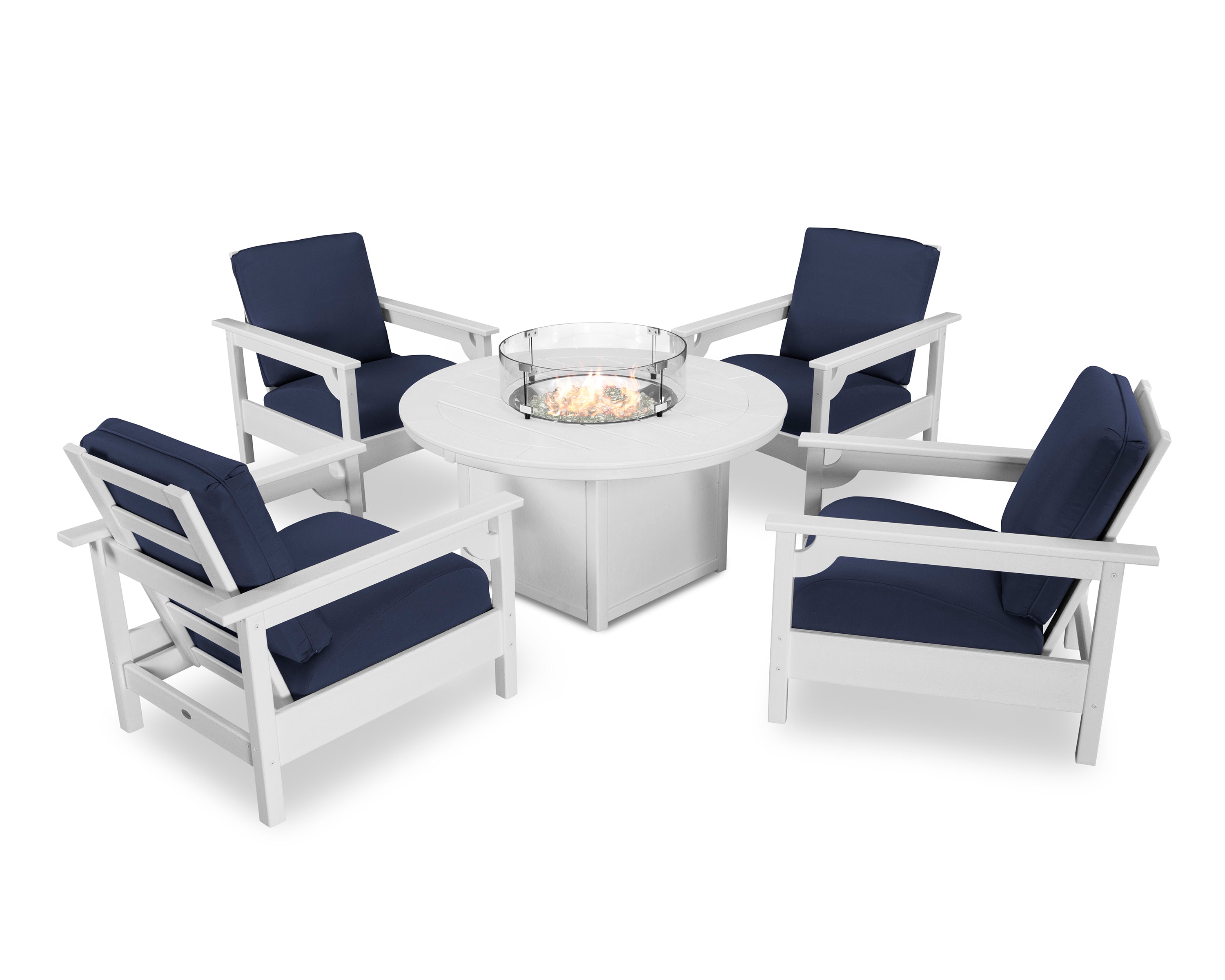 POLYWOOD Club 5-Piece Conversation Set with Fire Pit Table in White / Navy