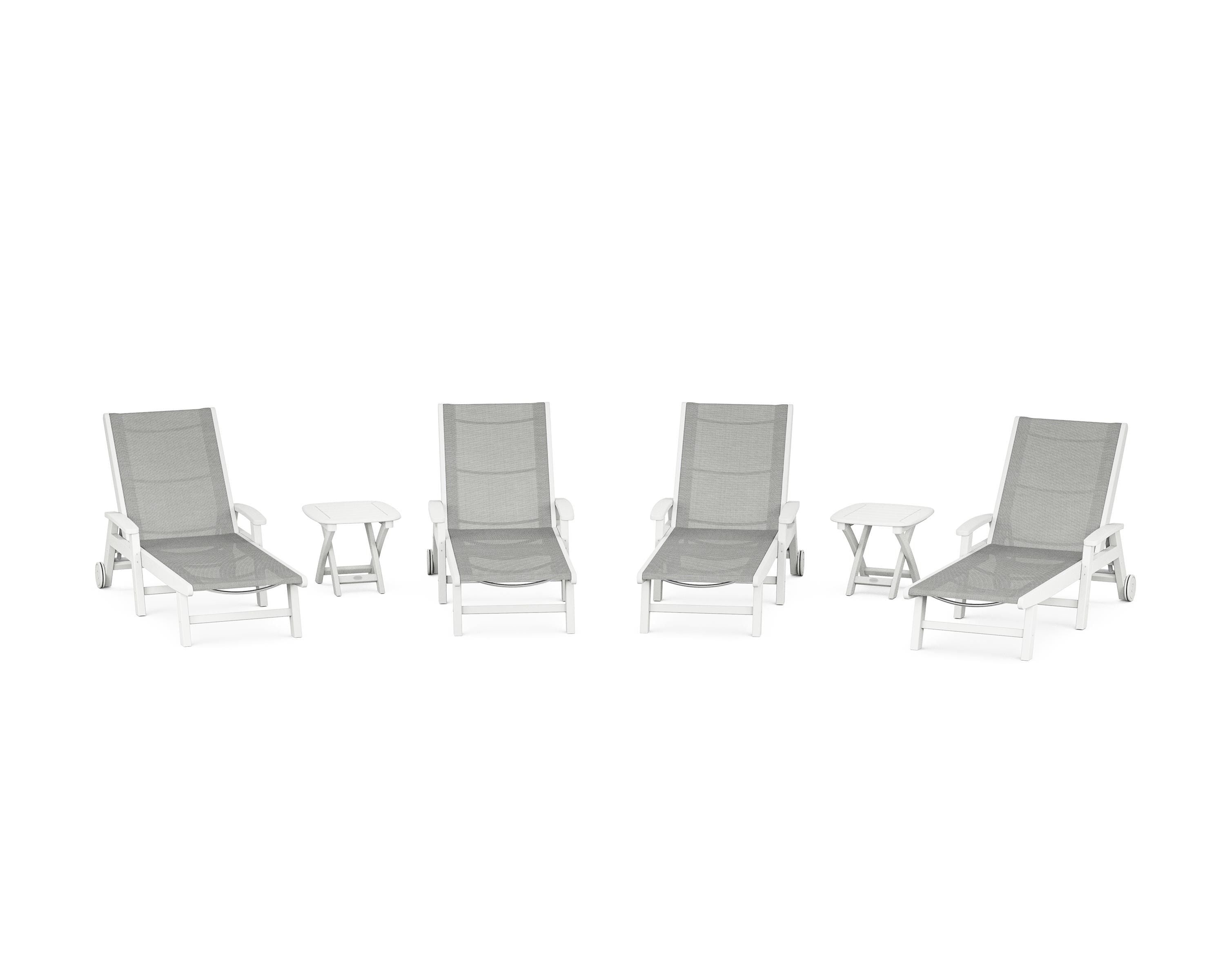 POLYWOOD Coastal Chaise 6-Piece Set with Wheels in White / Metallic Sling