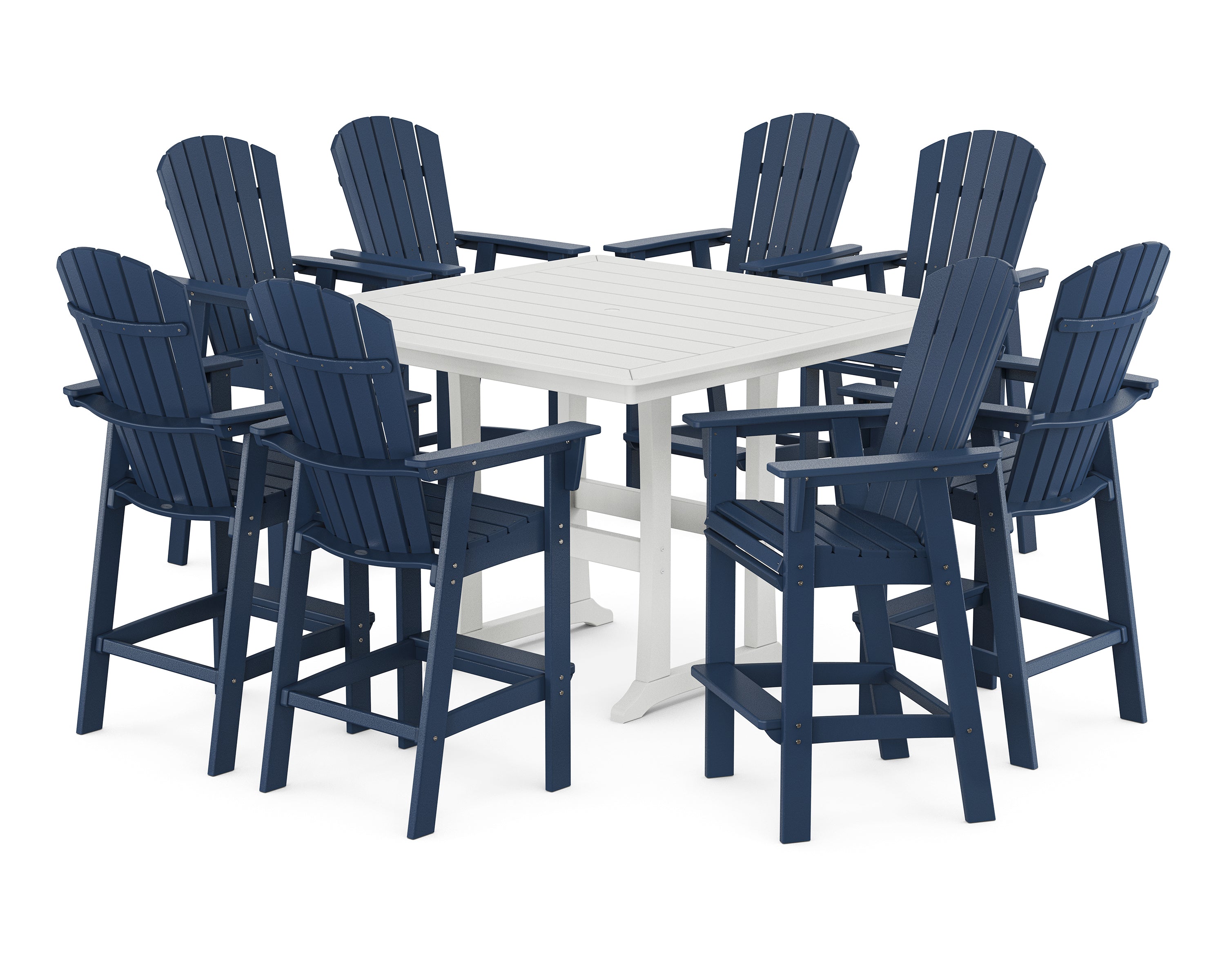 POLYWOOD® Nautical Curveback Adirondack 9-Piece Trestle Bar Set in Navy / White