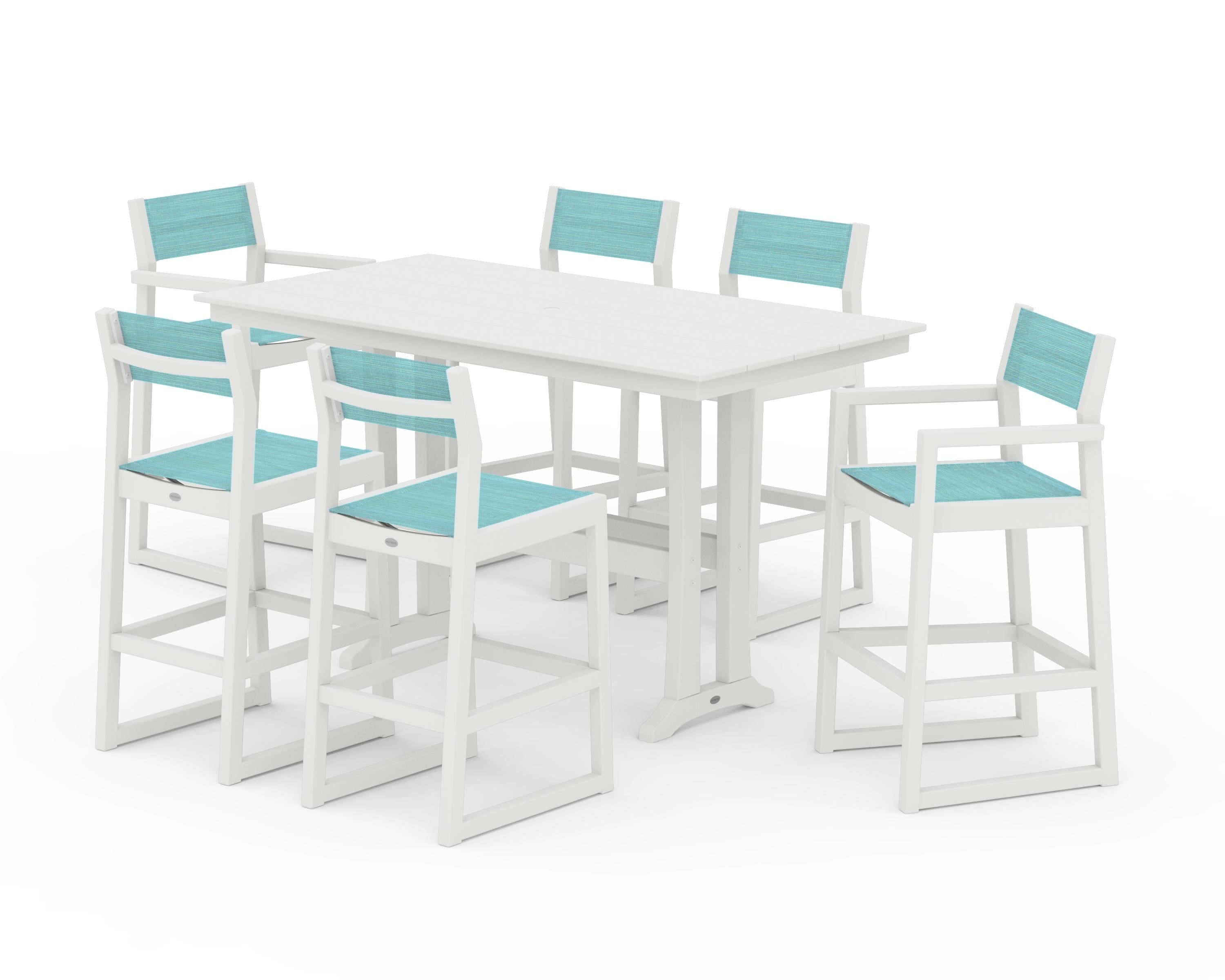 POLYWOOD EDGE Sling 7-Piece Farmhouse Bar Set with Trestle Legs in White / Dupioni Aquamarine Sling