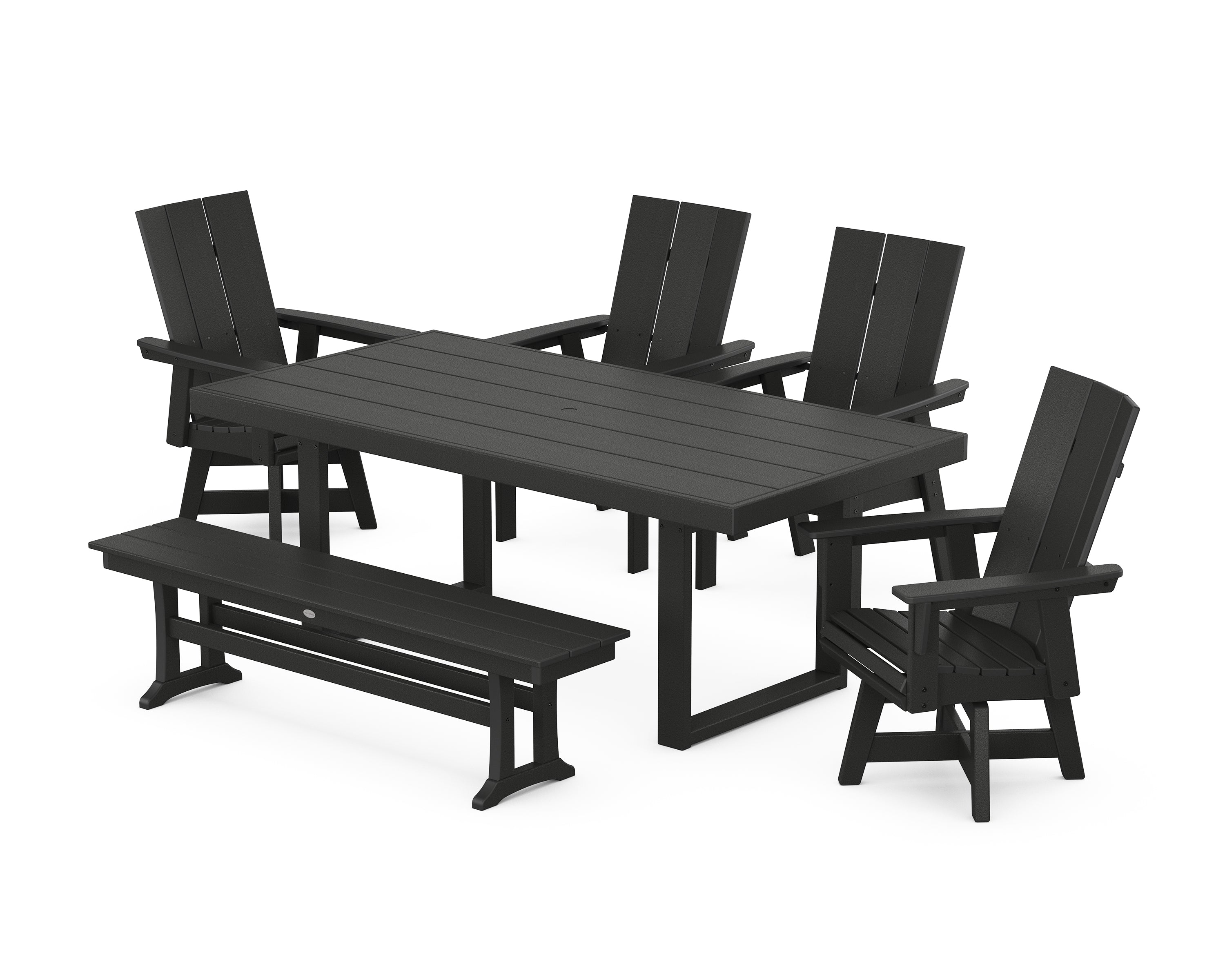 POLYWOOD Modern Curveback Adirondack Swivel Chair 6-Piece Dining Set with Bench in Black