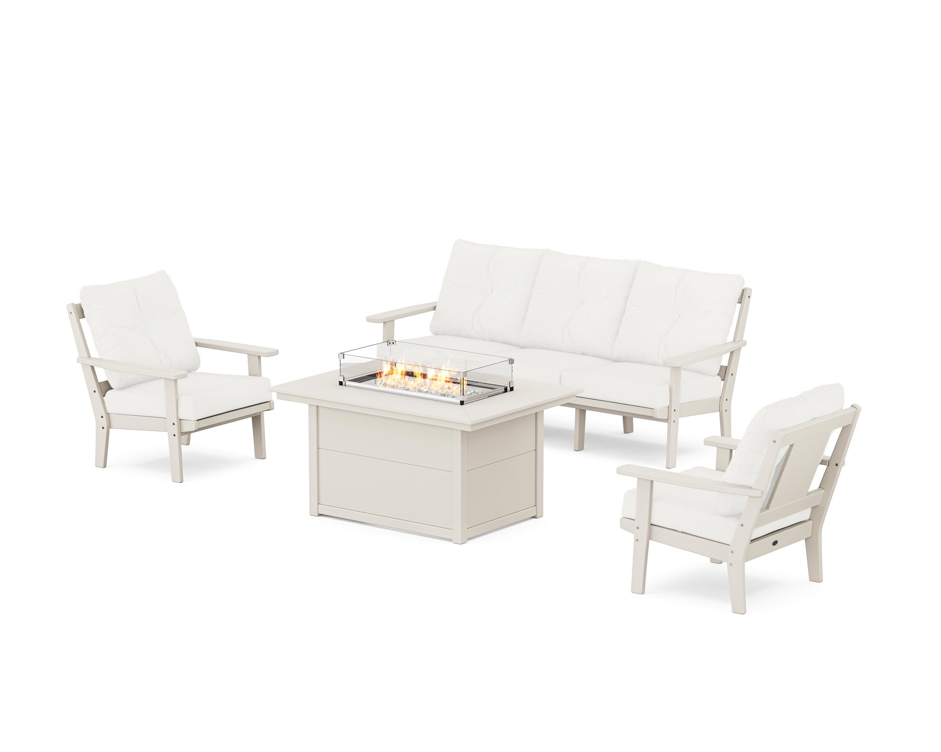 POLYWOOD Prairie Deep Seating Fire Pit Table Set in Sand / Natural Linen