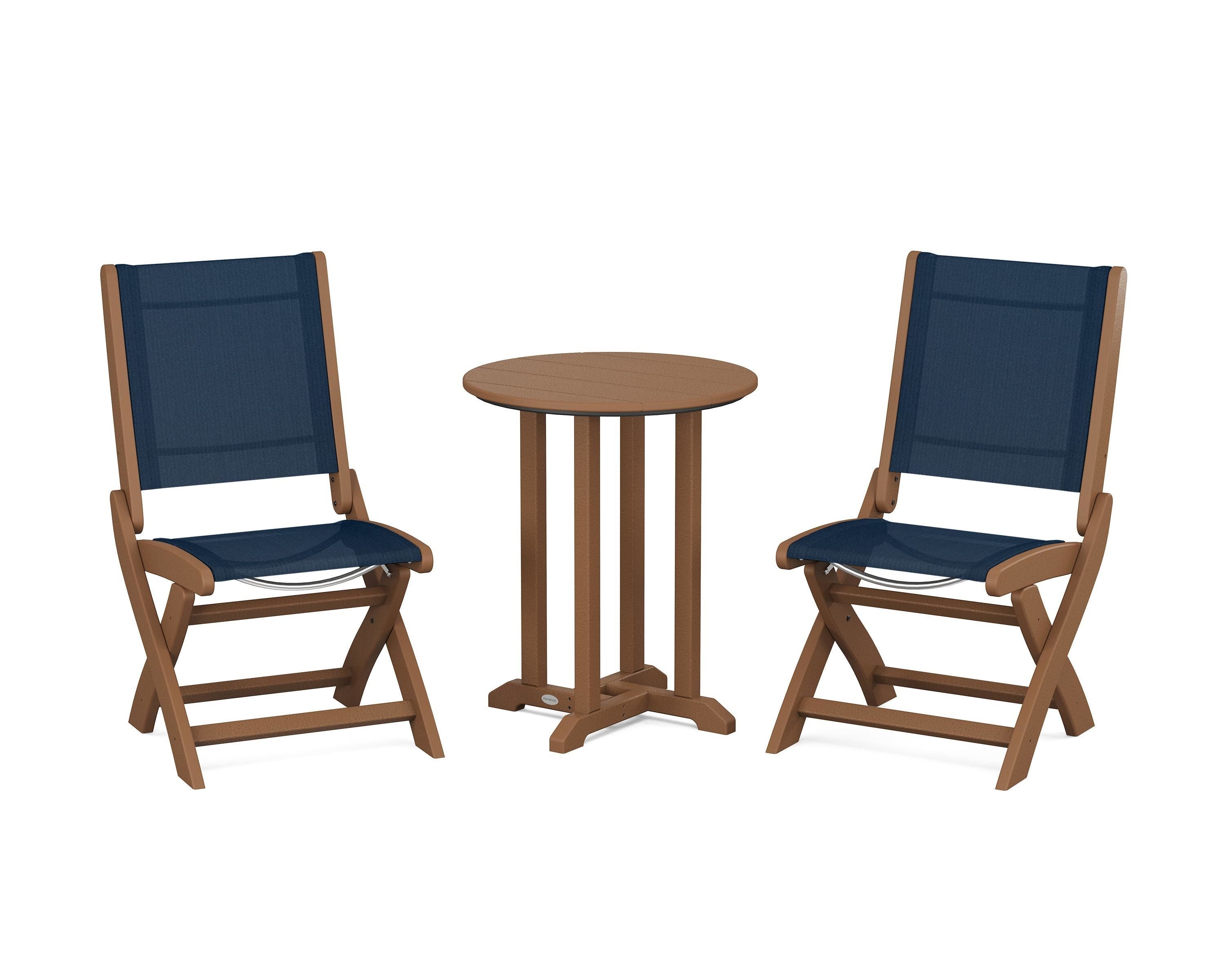 POLYWOOD Coastal Folding Side Chair 3-Piece Round Bistro Dining Set in Teak / Navy Blue Sling