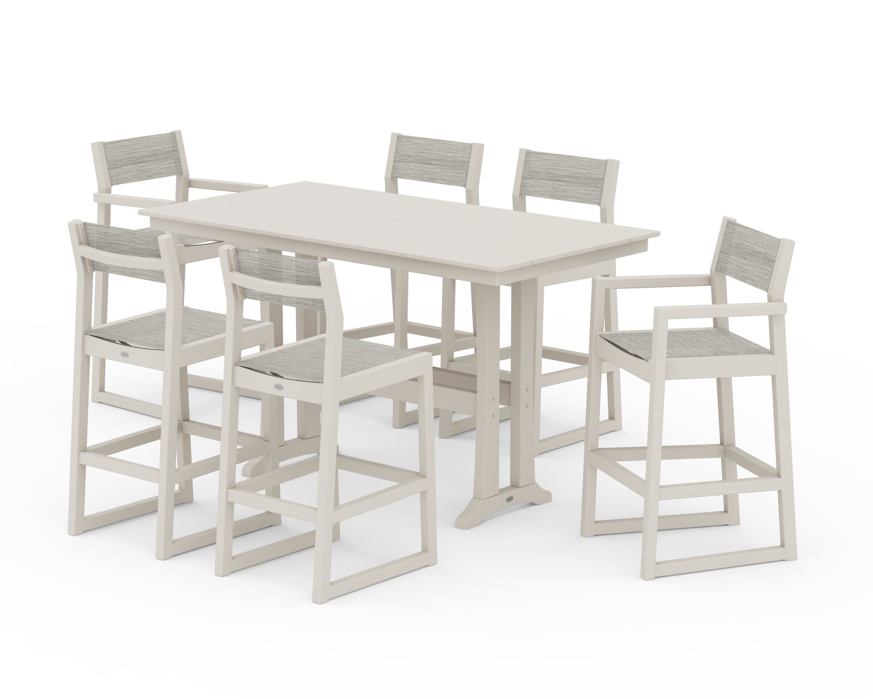 POLYWOOD EDGE Sling 7-Piece Farmhouse Bar Set with Trestle Legs in Sand / Birch Sling