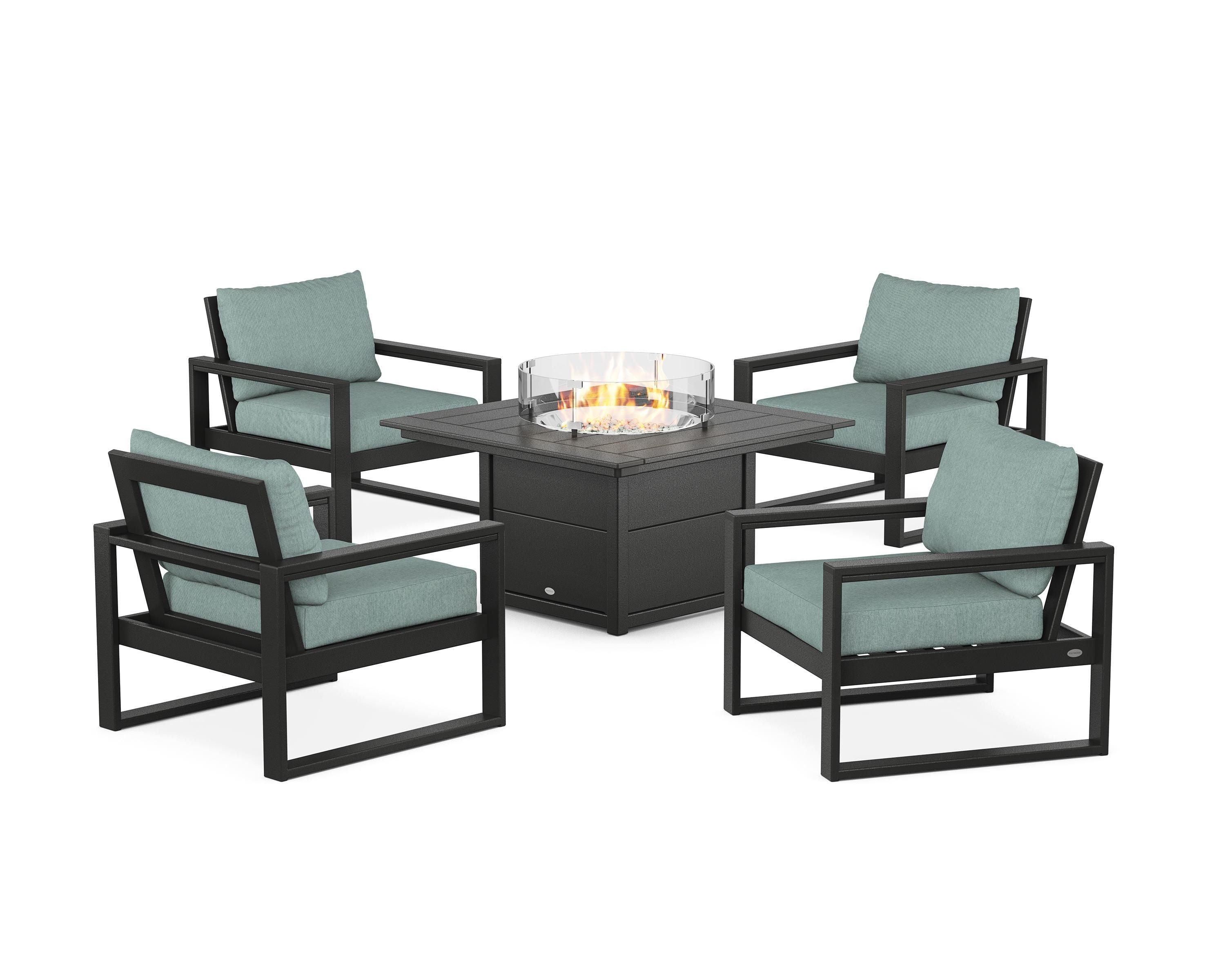 POLYWOOD EDGE Sectional 5-Piece Deep Seating Set with Fire Pit Table in Black / Glacier Spa