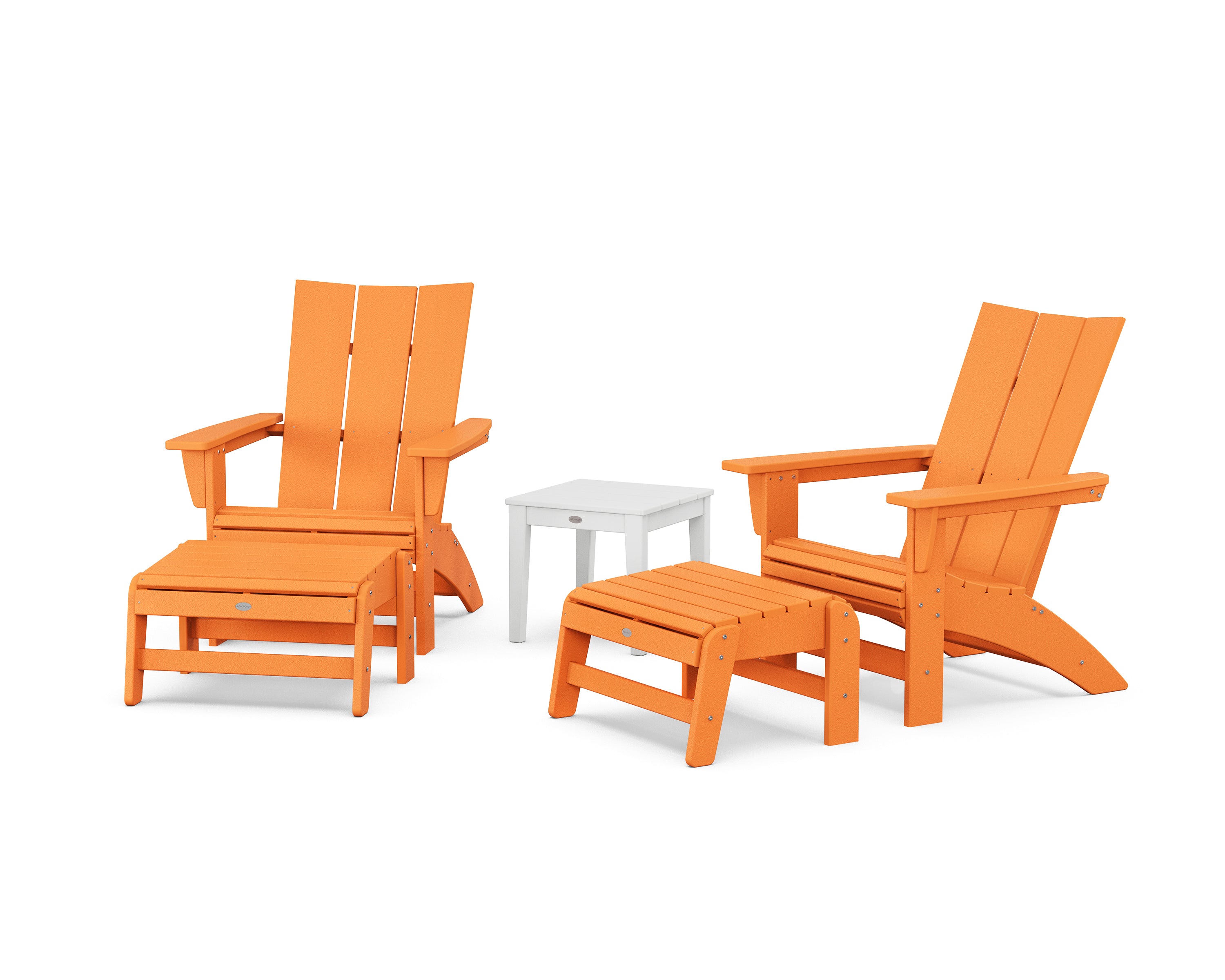 POLYWOOD 5-Piece Modern Grand Adirondack Set with Ottomans and Side Table in Tangerine / White