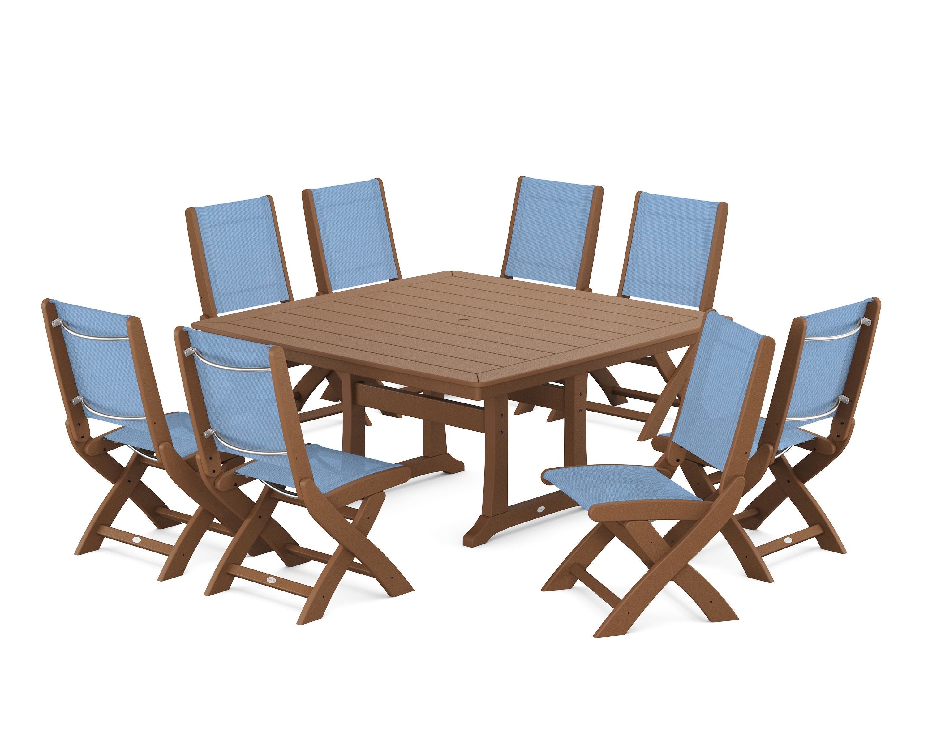 POLYWOOD Coastal Folding Side Chair 9-Piece Dining Set with Trestle Legs in Teak / Poolside Sling