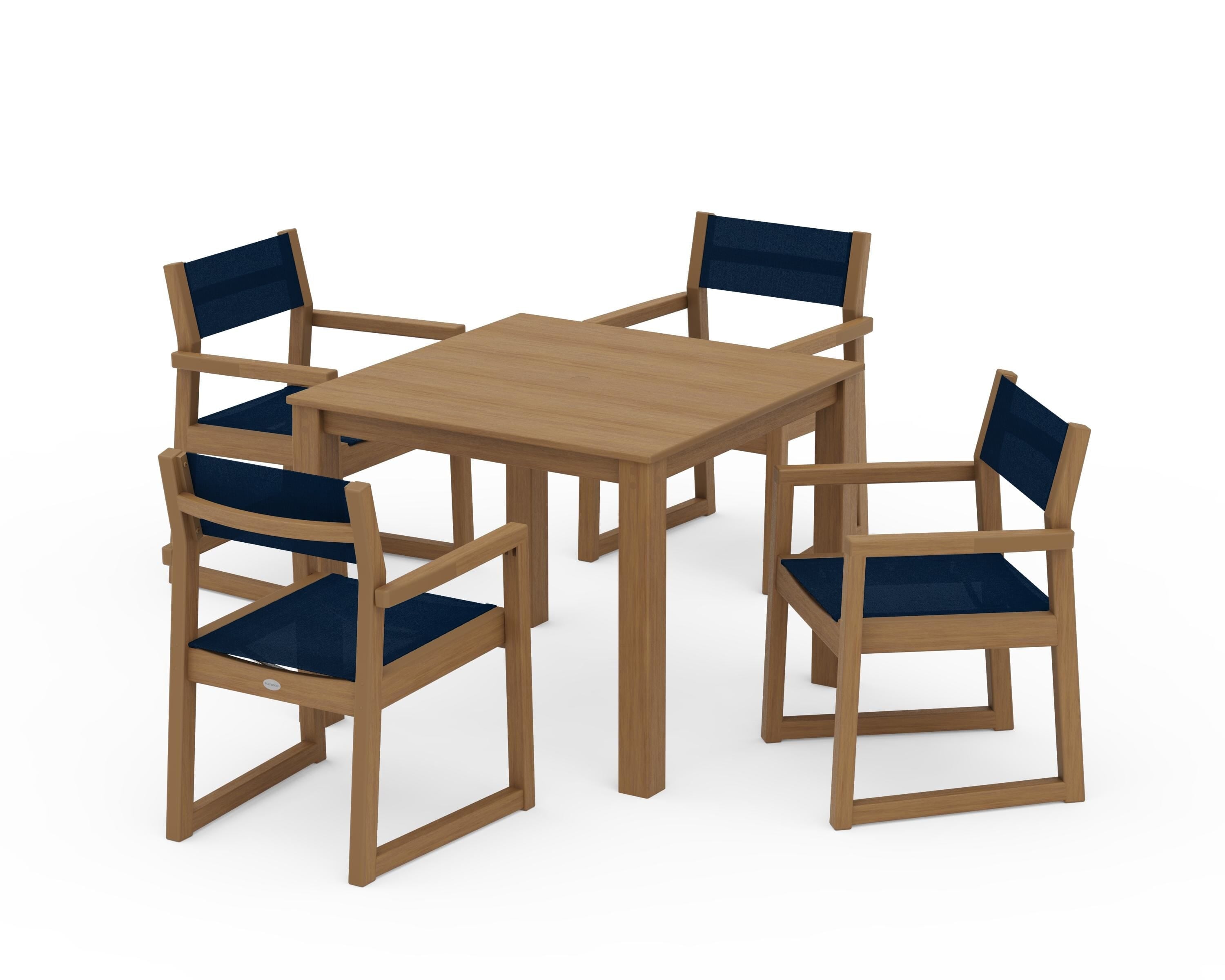 POLYWOOD EDGE Sling Arm Chair 5-Piece Parsons Dining Set in Natural / Navy Blue Sling