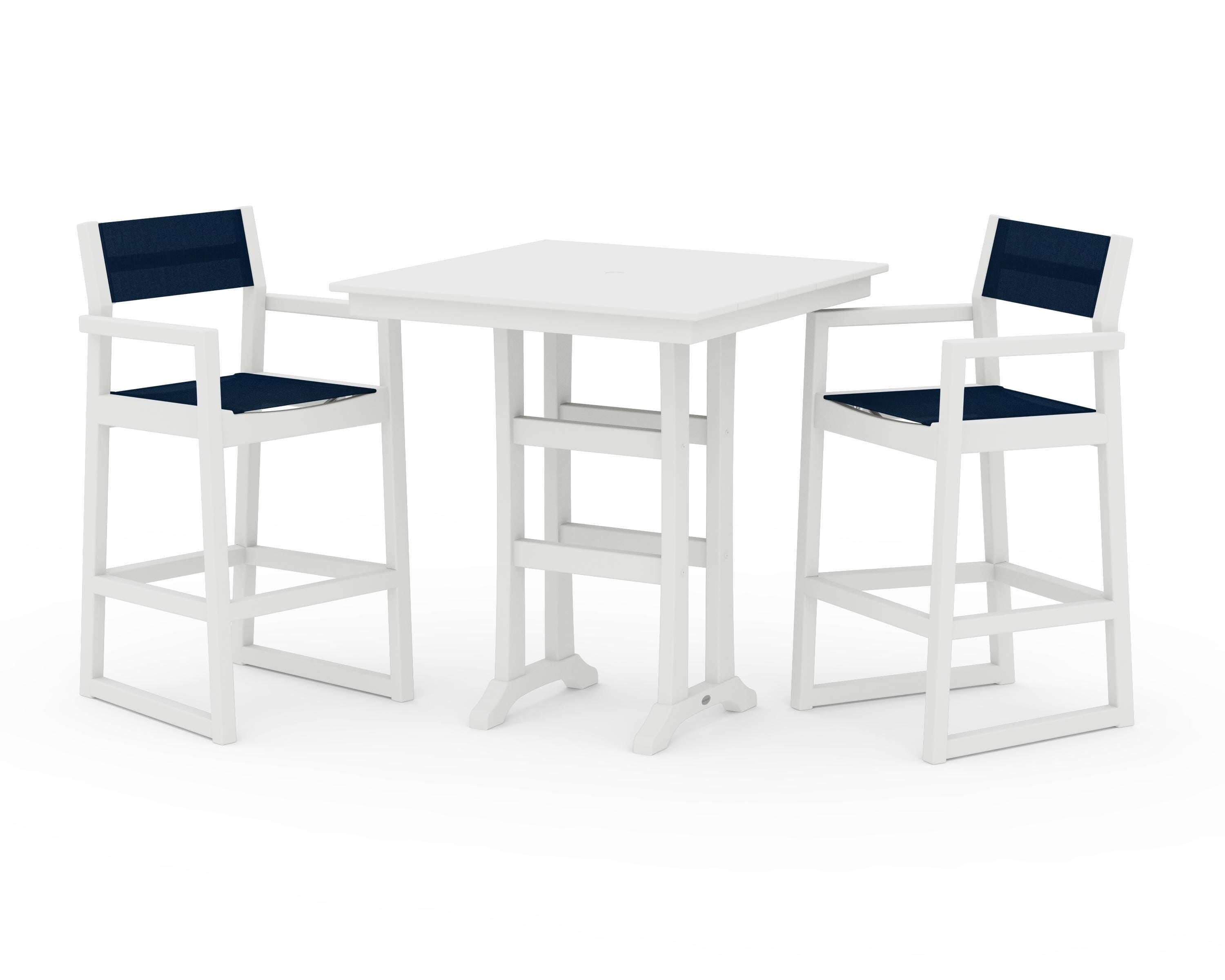 POLYWOOD EDGE Sling Arm Chair 3-Piece Farmhouse Bar Set with Trestle Legs in White / Navy Blue Sling