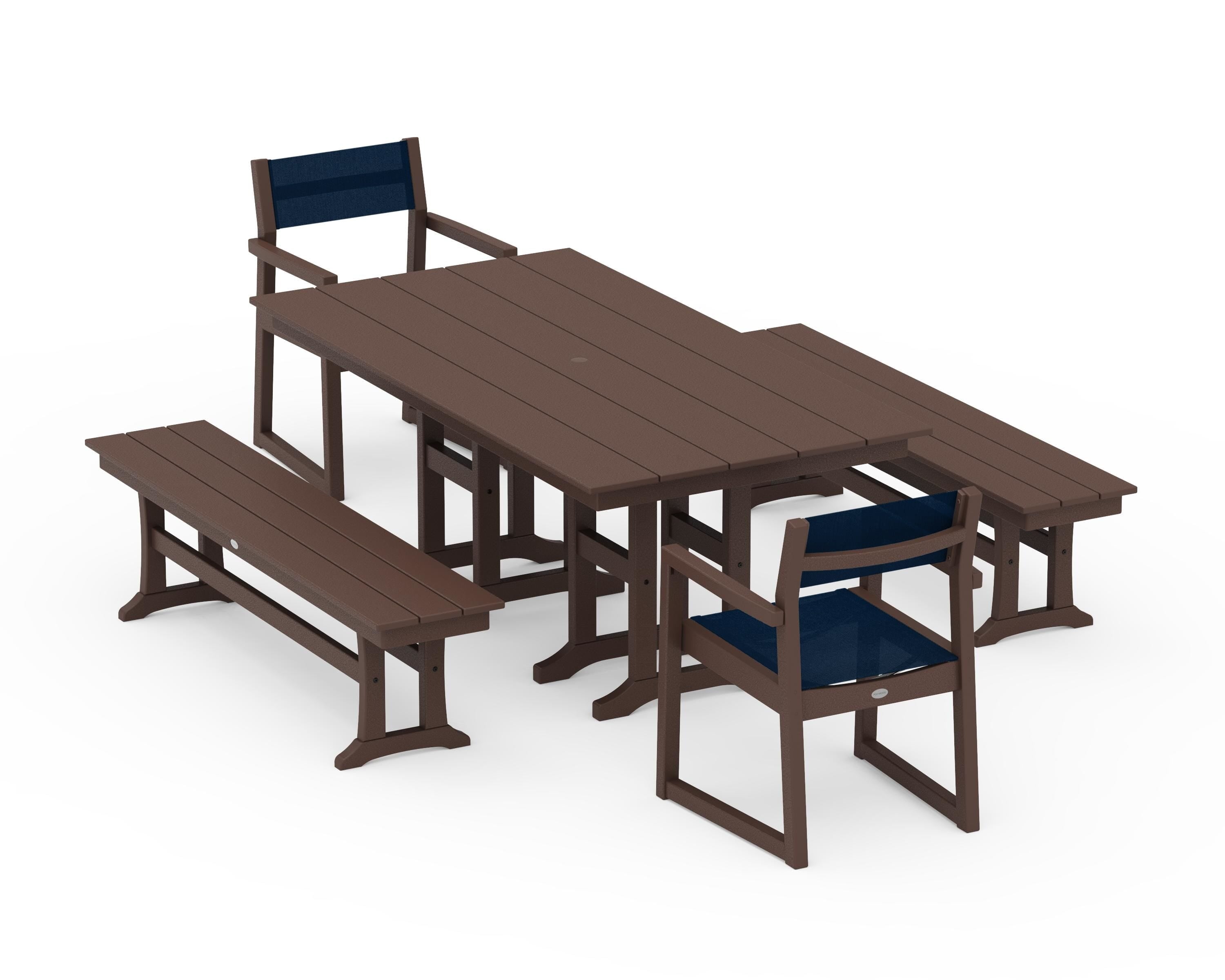 POLYWOOD EDGE Sling Arm Chair 5-Piece Farmhouse Dining Set with Benches in Mahogany / Navy Blue Sling