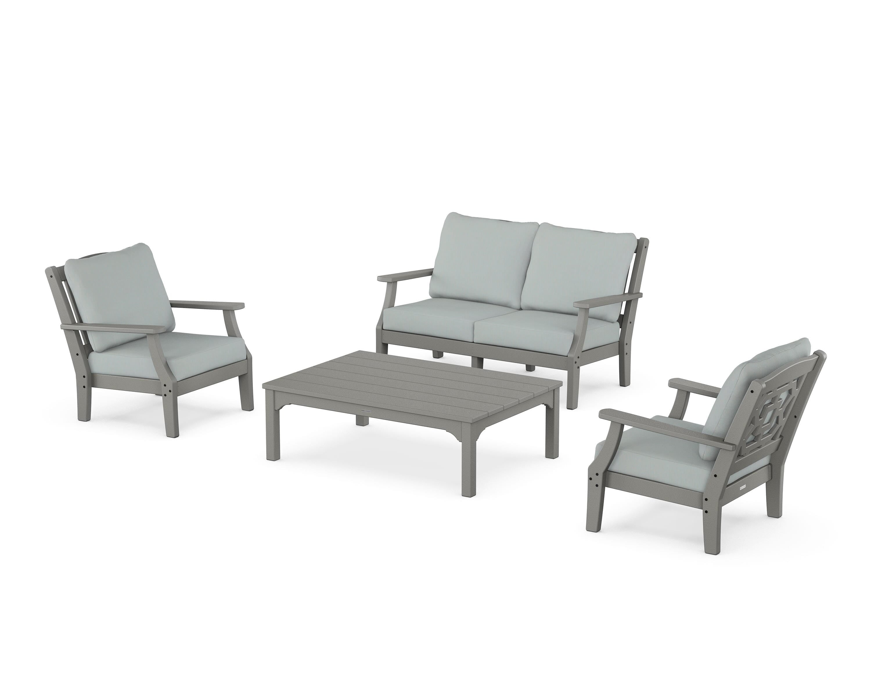 Martha Stewart by POLYWOOD Chinoiserie 4-Piece Deep Seating Set with Loveseat in Slate Grey / Spa