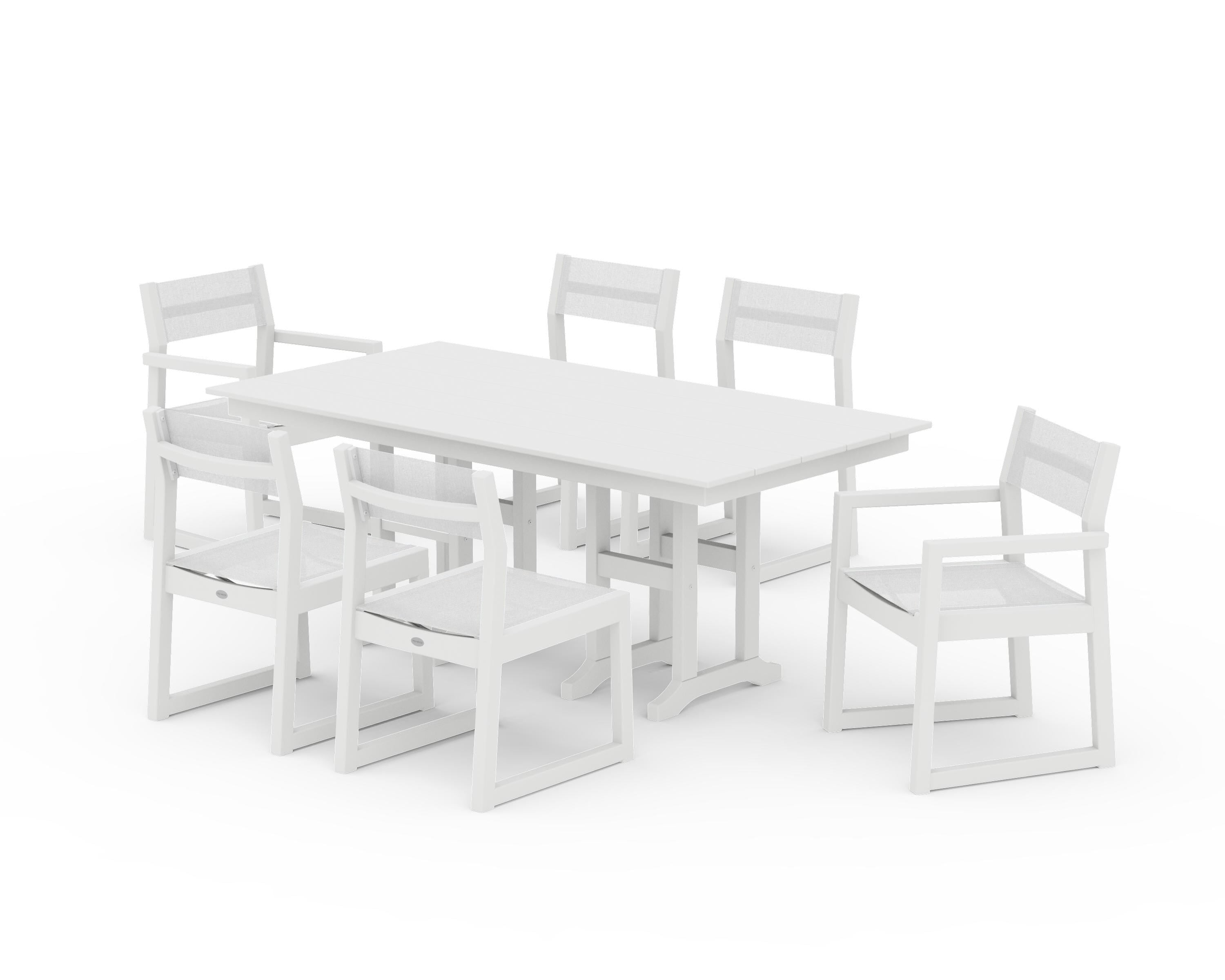 POLYWOOD EDGE Sling 7-Piece Farmhouse Dining Set in White / White Sling