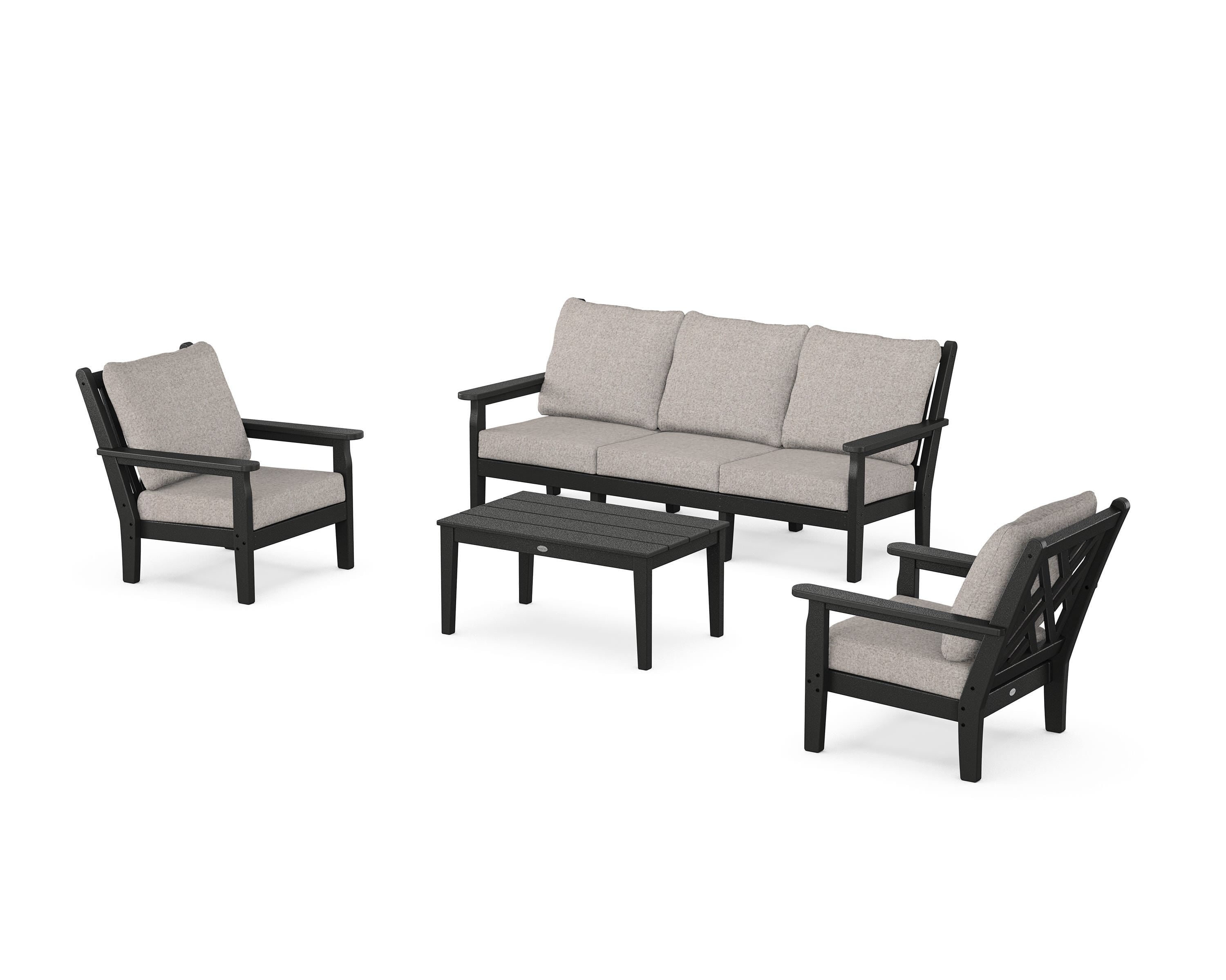 POLYWOOD Chippendale 4-Piece Deep Seating Set with Sofa in Black / Weathered Tweed