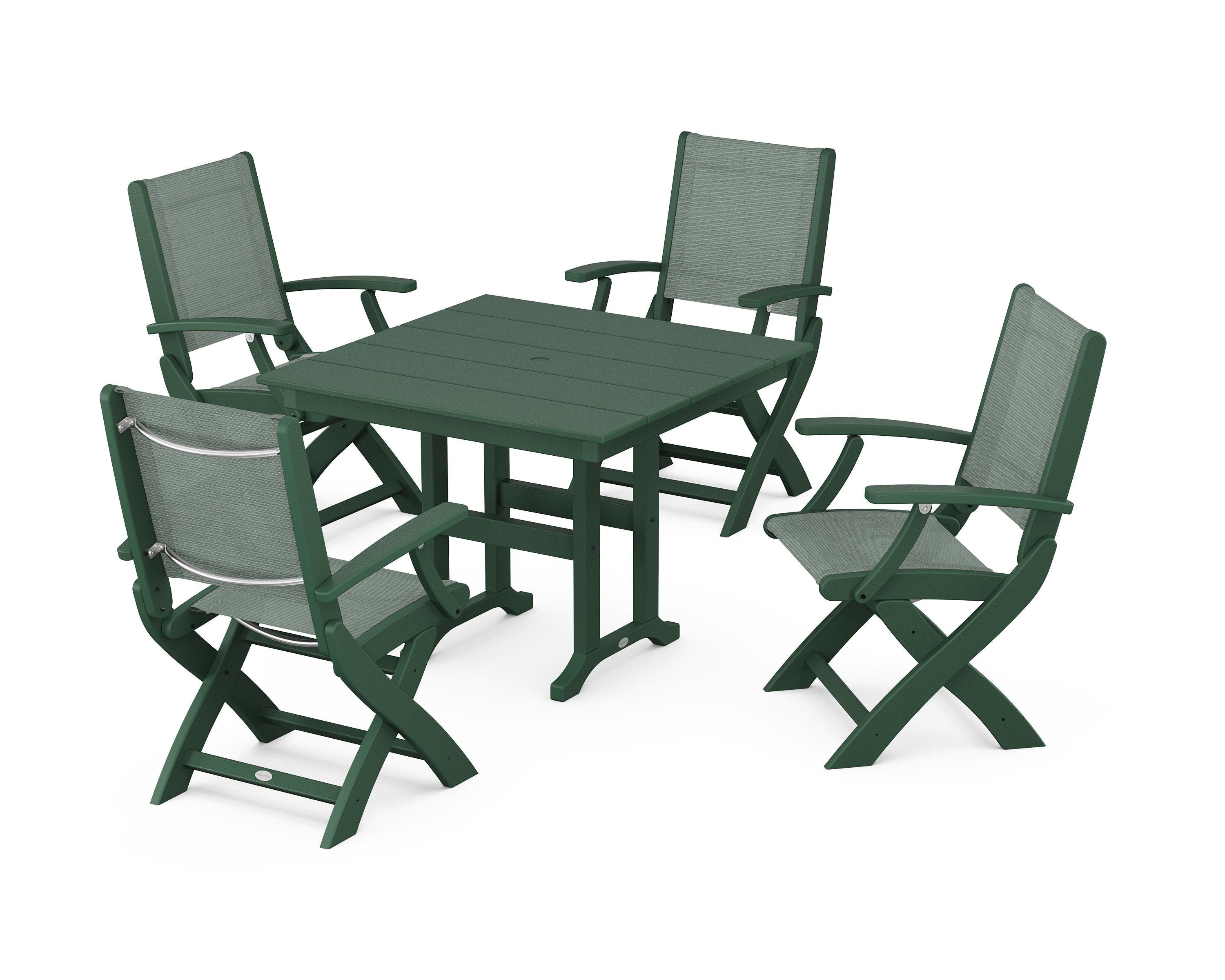 POLYWOOD Coastal Folding Chair 5-Piece Farmhouse Dining Set in Green / Dupioni Sea Mist Sling