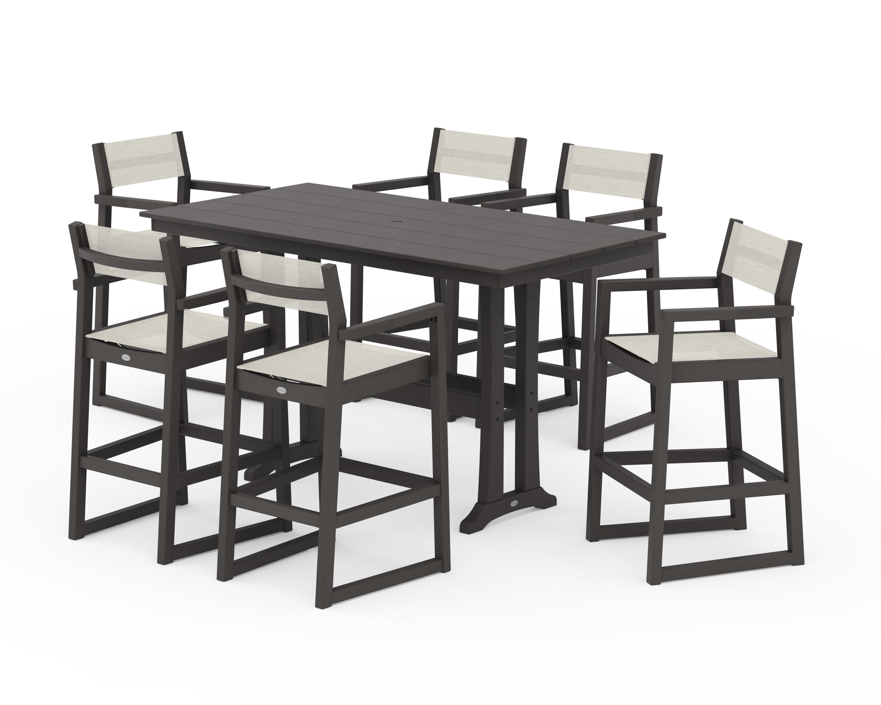 POLYWOOD EDGE Sling Arm Chair 7-Piece Farmhouse Bar Set with Trestle Legs in Vintage Coffee / Parchment Sling