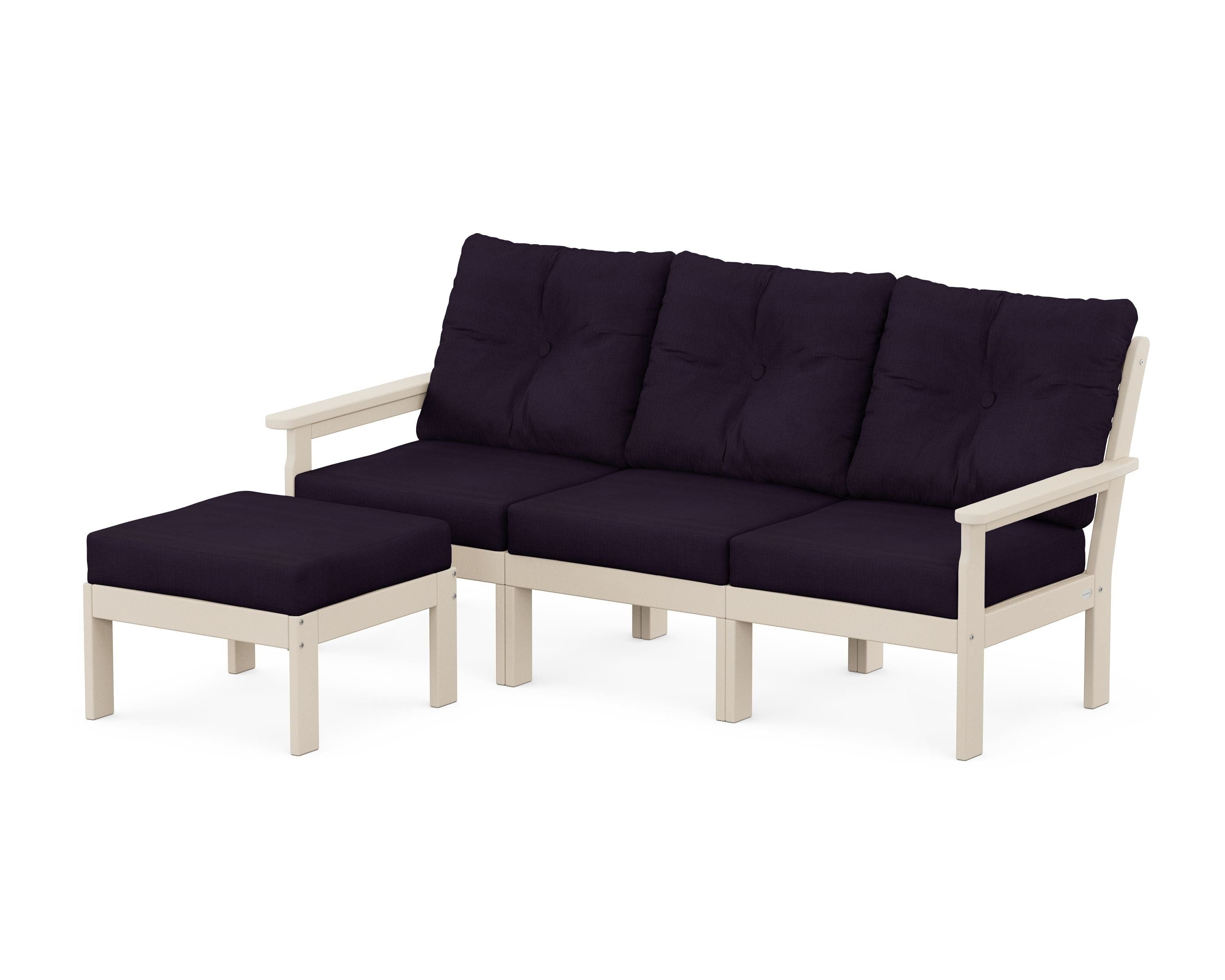 POLYWOOD Vineyard 4-Piece Sectional with Ottoman in Sand / Navy Linen