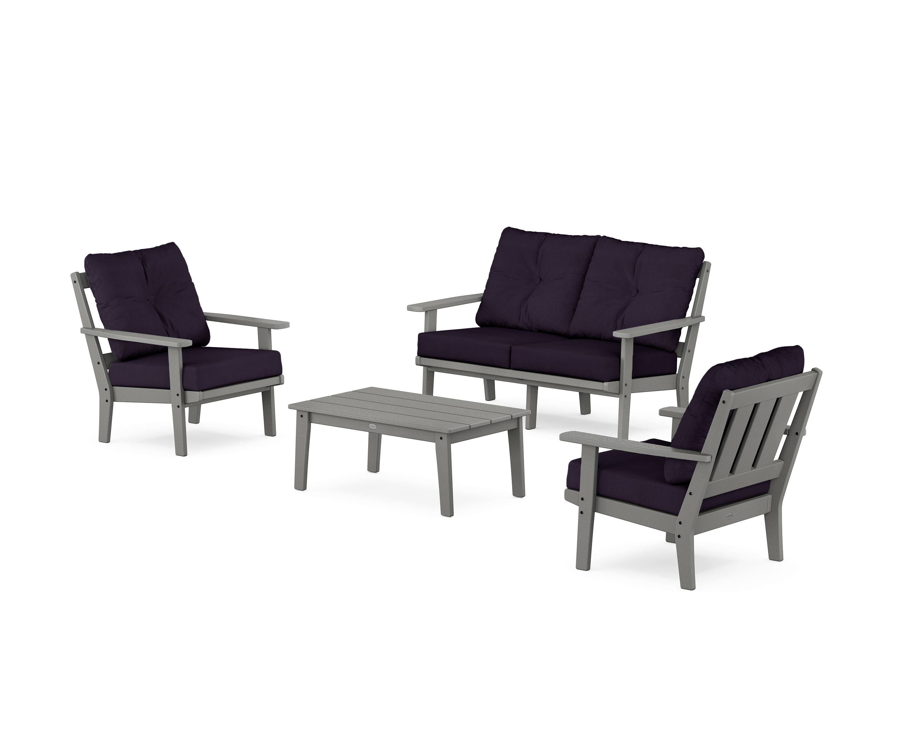 POLYWOOD Oxford 4-Piece Deep Seating Set with Loveseat in Slate Grey / Navy Linen
