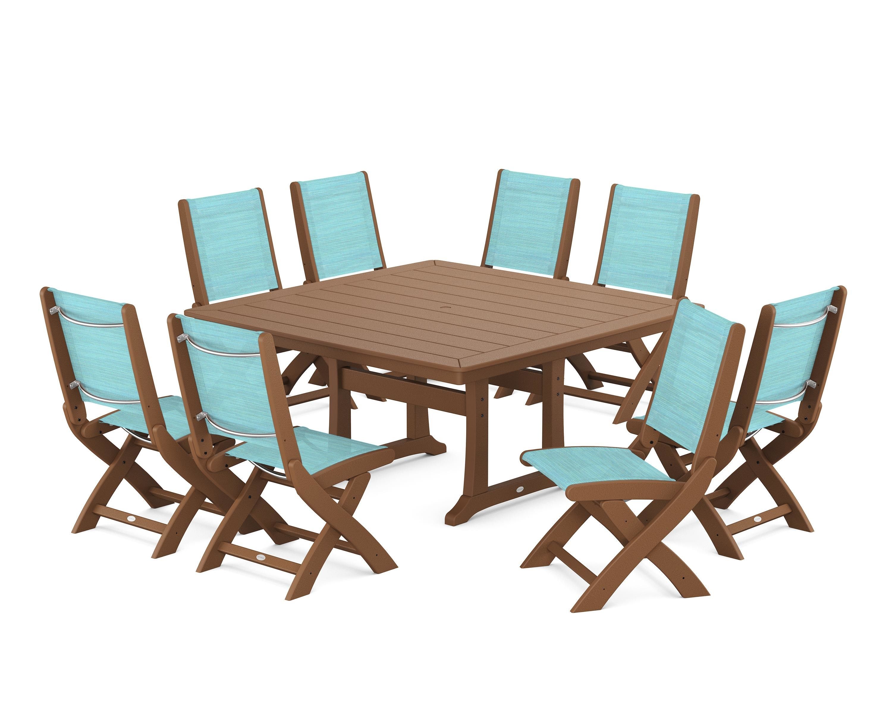 POLYWOOD Coastal Folding Side Chair 9-Piece Dining Set with Trestle Legs in Teak / Dupioni Aquamarine Sling