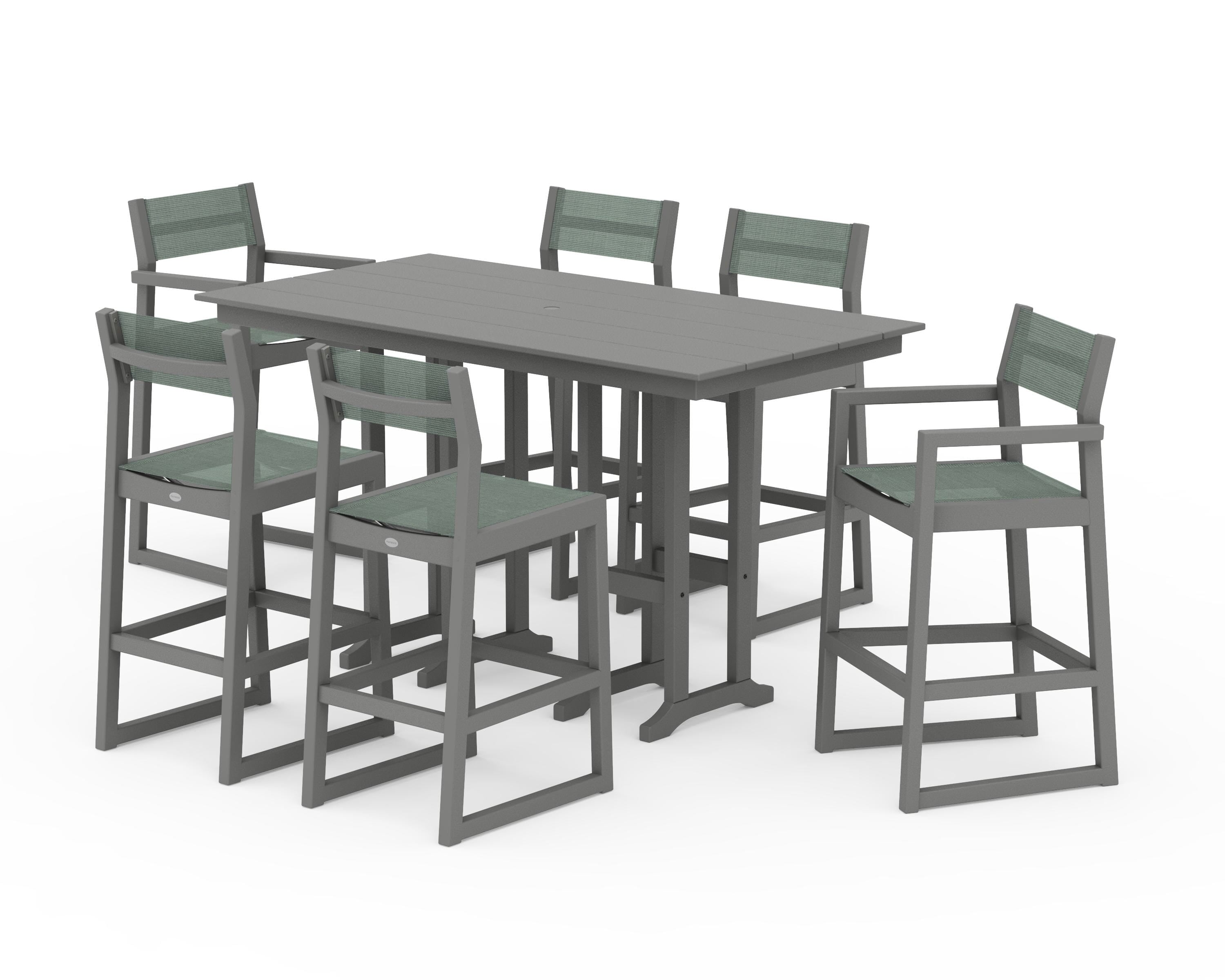 POLYWOOD EDGE Sling 7-Piece Farmhouse Bar Set in Slate Grey / Dupioni Sea Mist Sling