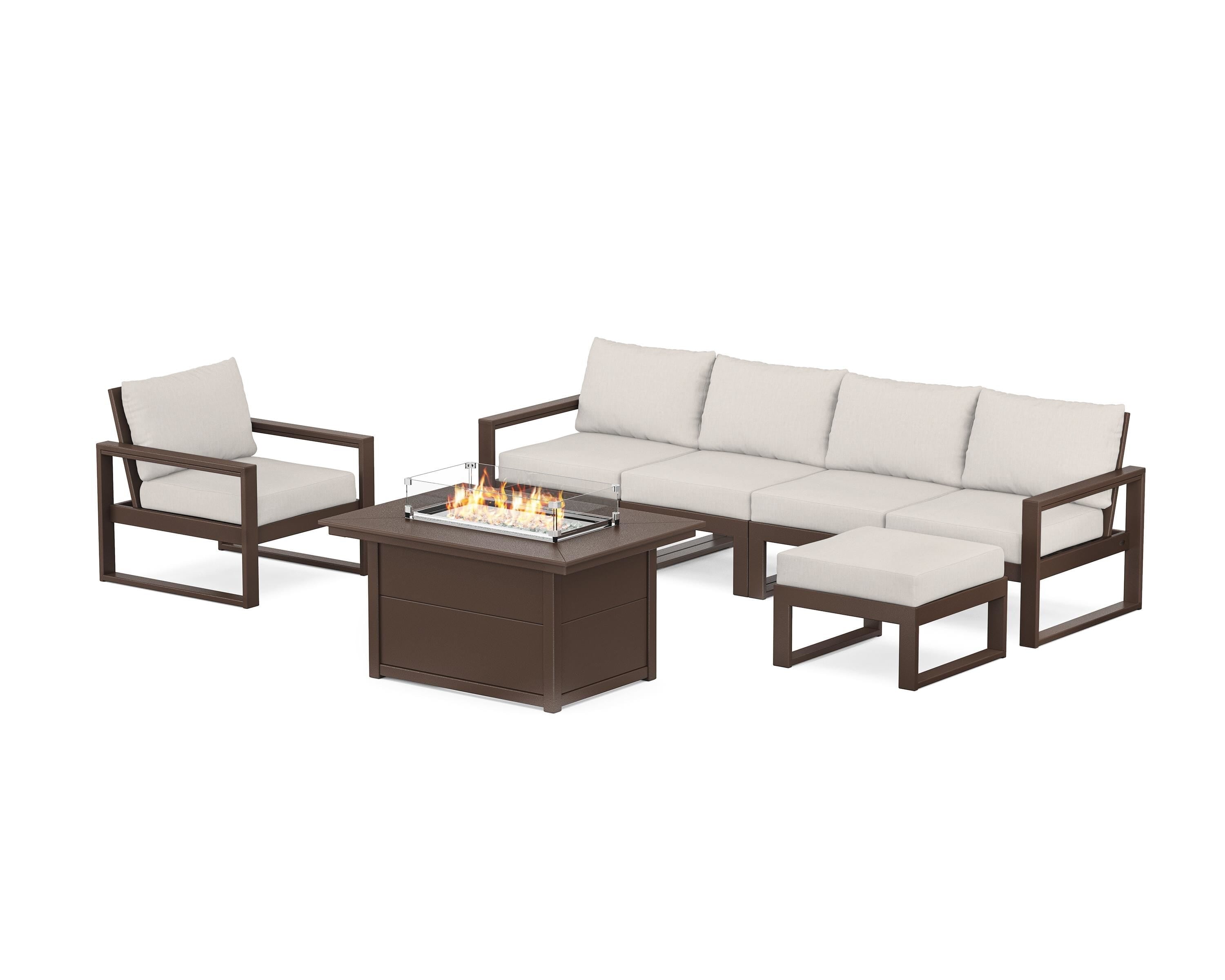 POLYWOOD EDGE Sectional Lounge and Fire Pit Set in Mahogany / Cast Ash