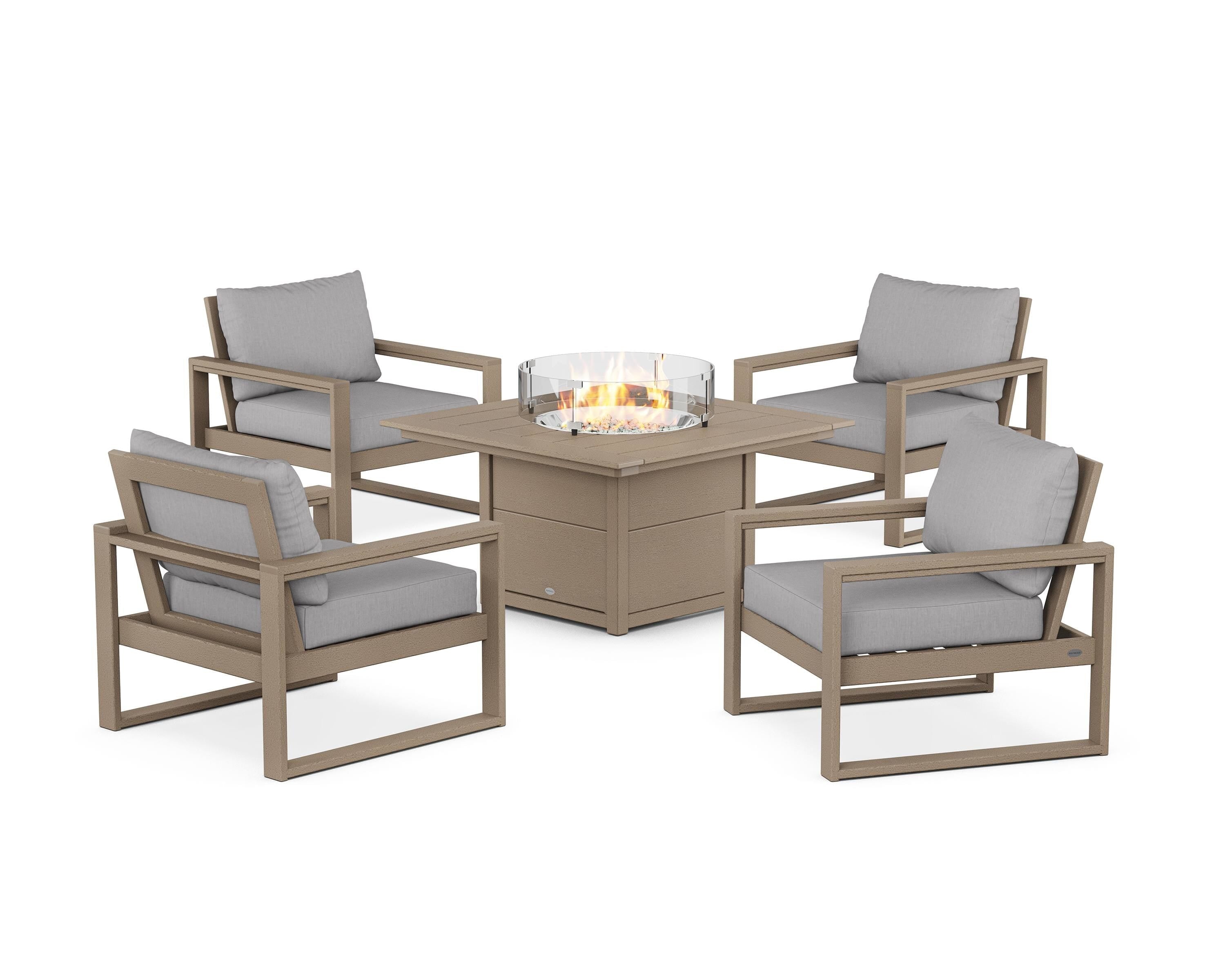 POLYWOOD EDGE Sectional 5-Piece Deep Seating Set with Fire Pit Table in Vintage Sahara / Granite