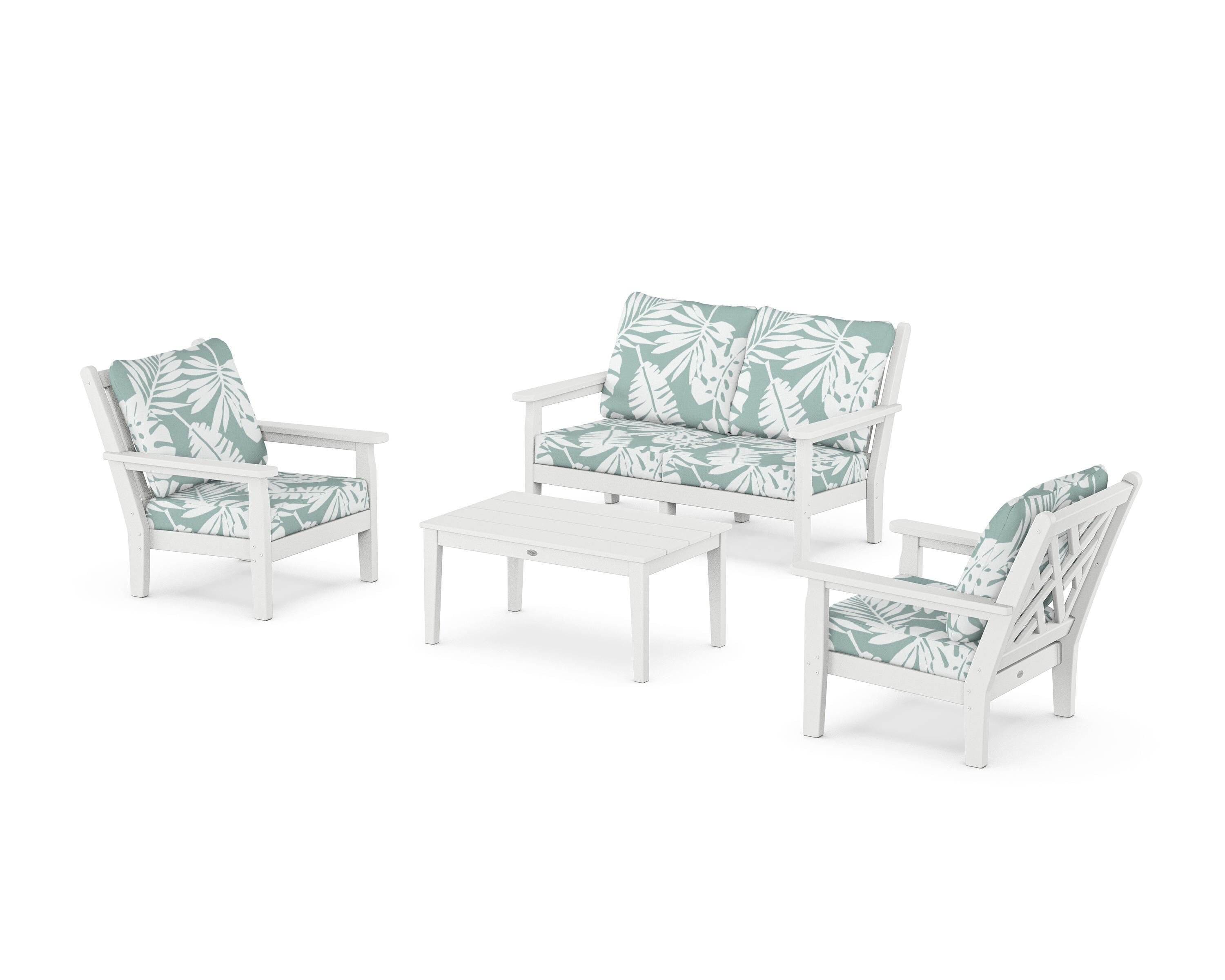 POLYWOOD Chippendale 4-Piece Deep Seating Set with Loveseat in White / Leaf Glacier Spa