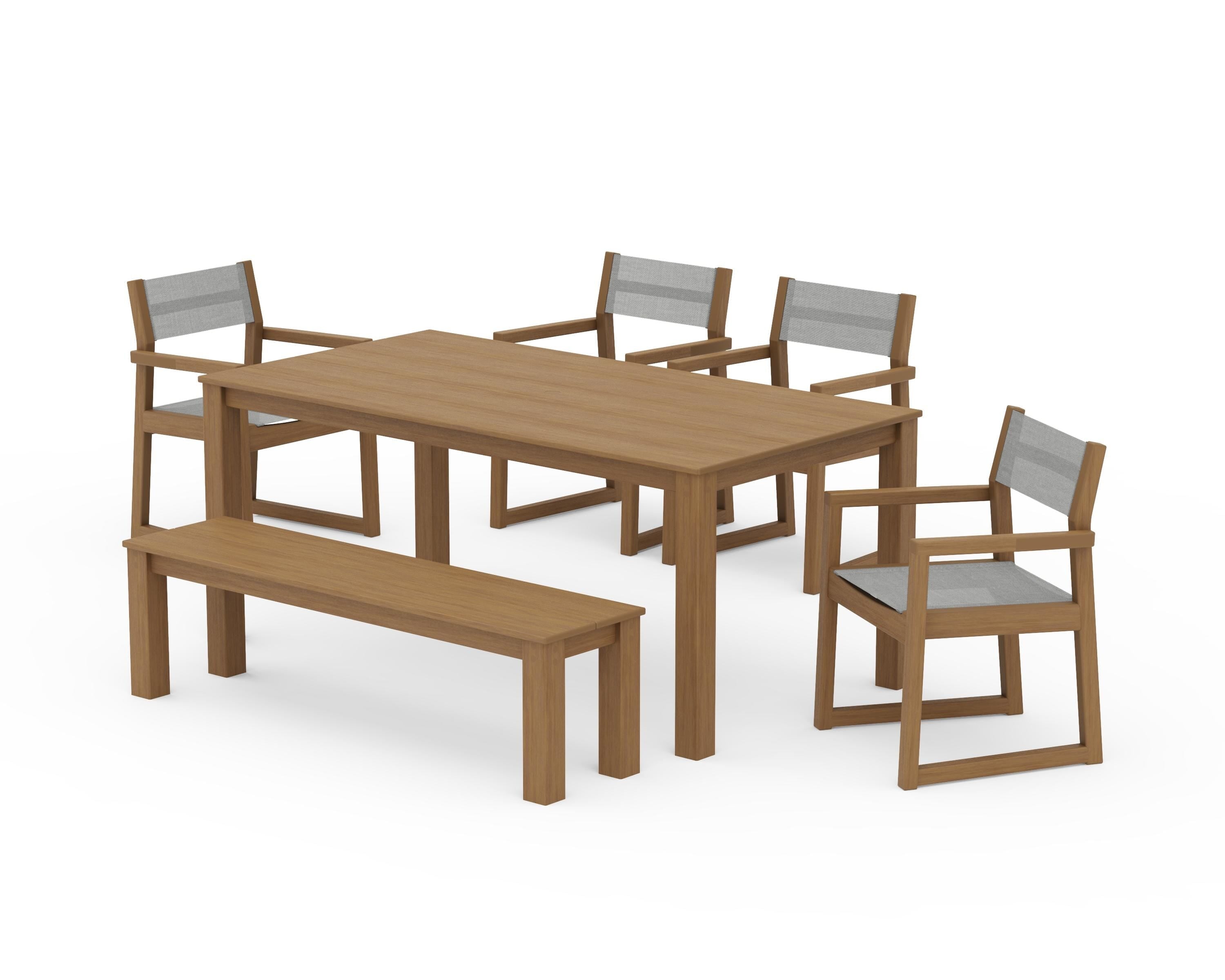 POLYWOOD EDGE Sling Arm Chair 6-Piece Parsons Dining Set with Bench in Natural / Metallic Sling